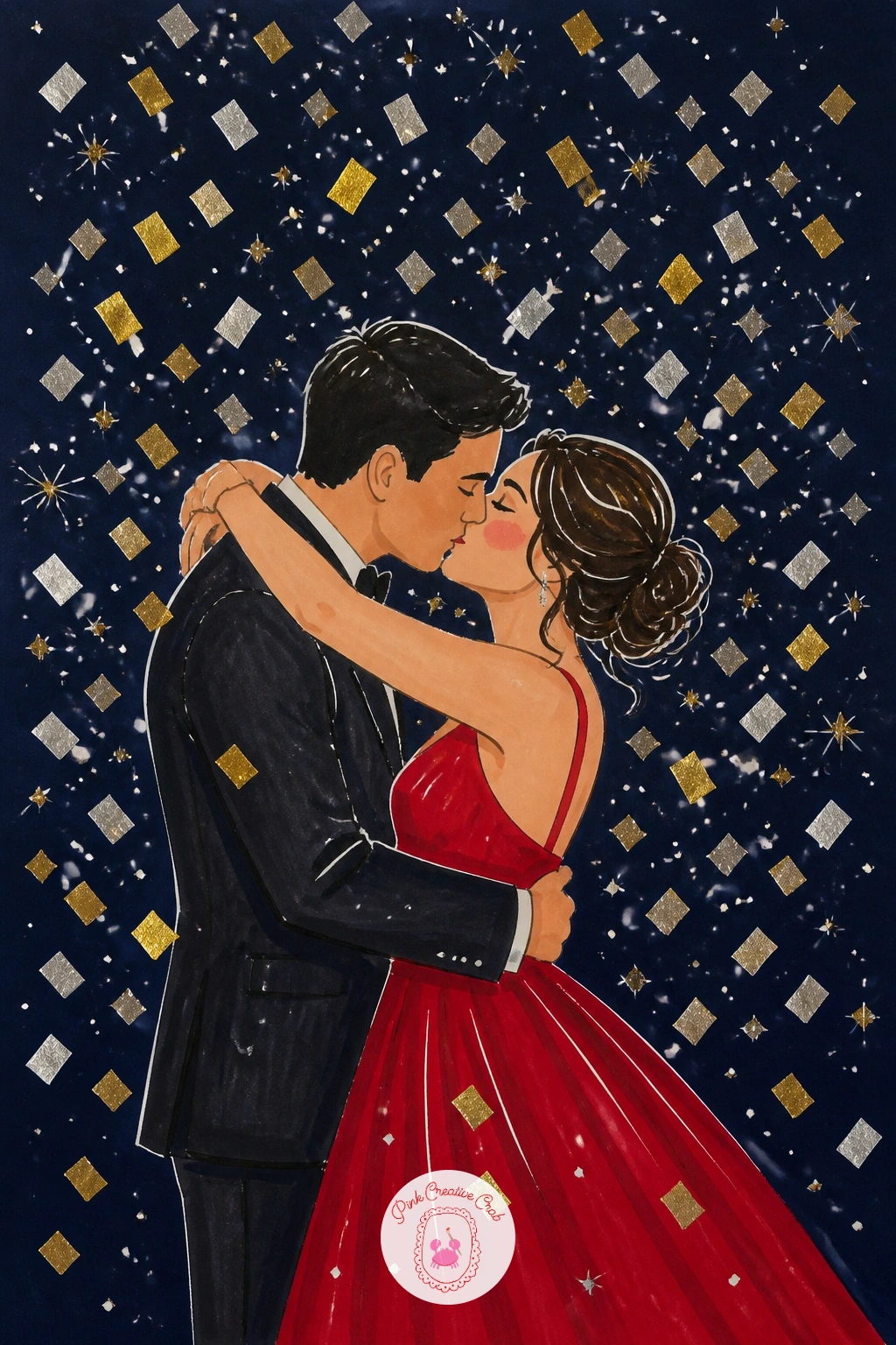 Couple Kissing Under Confetti — Move from the arch straight into the doorway scene itself: a couple kissing as confetti falls around them. New year drawing
