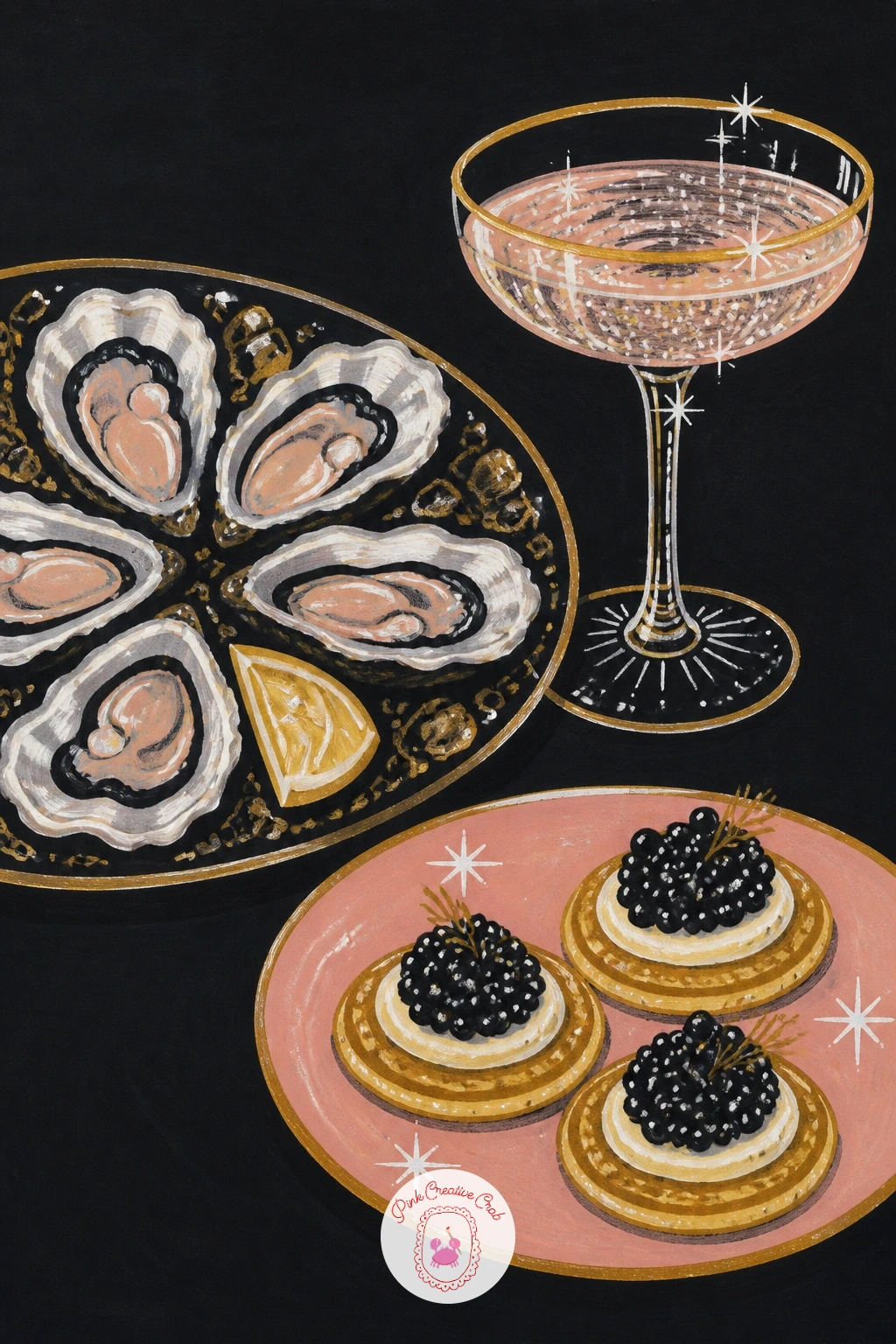 Oysters, Caviar Blini And Champagne — Swing back to glamour with a spread of oysters, caviar blini and a champagne glass, a still life that reads instantly as