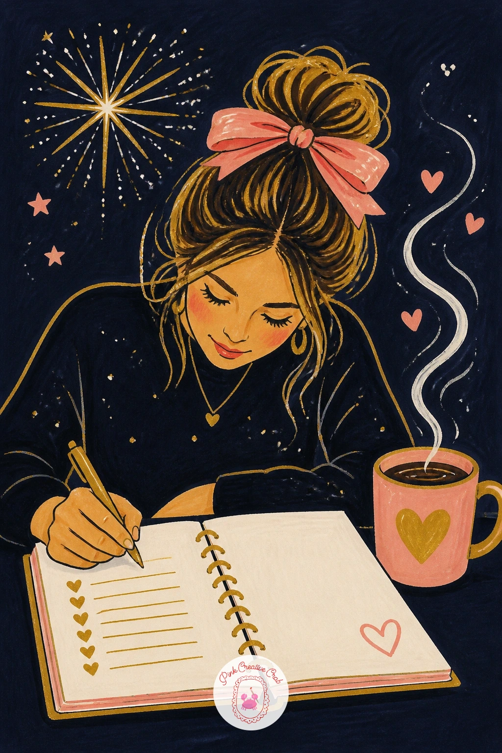 Writing Goals On January 1 — Shift the whole mood into morning with a girl writing goals in a planner on the first of January, coffee cup beside her. New year