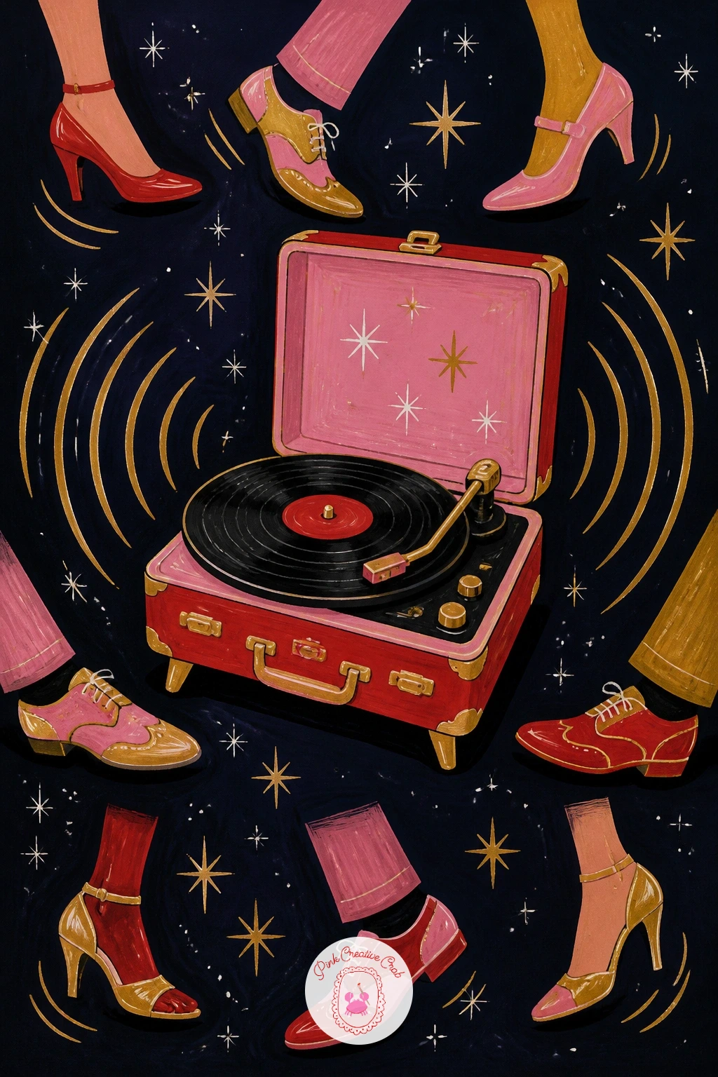 Record Player With Dancing Feet — Bring the energy back up with a record player spinning on a side table, a ring of dancing feet around it suggesting a crowd
