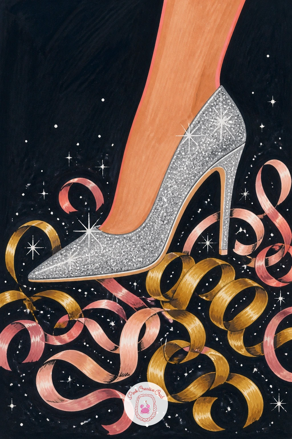 Glittery Heel Over Streamers — Zoom into a single glittery high heel stepping over a scatter of streamers, a close, confident subject after the wide sparkler