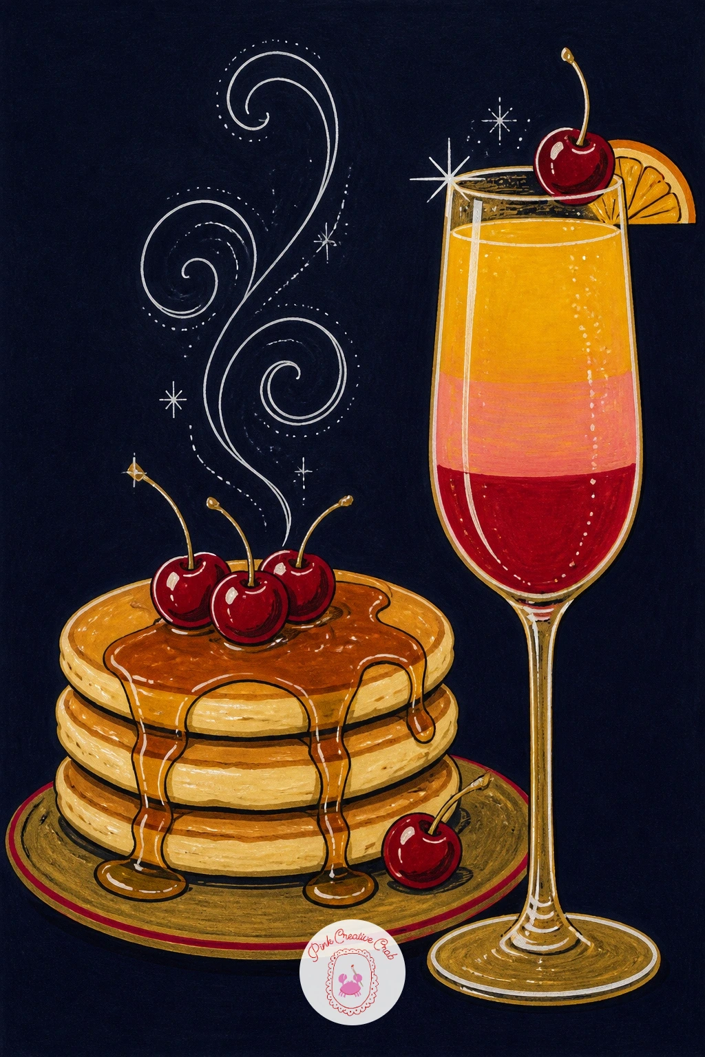 Cozy Pancake And Mimosa Brunch — Warm the page up with a cozy New Year's morning brunch, a short stack of pancakes beside a glass of mimosa. New year drawing