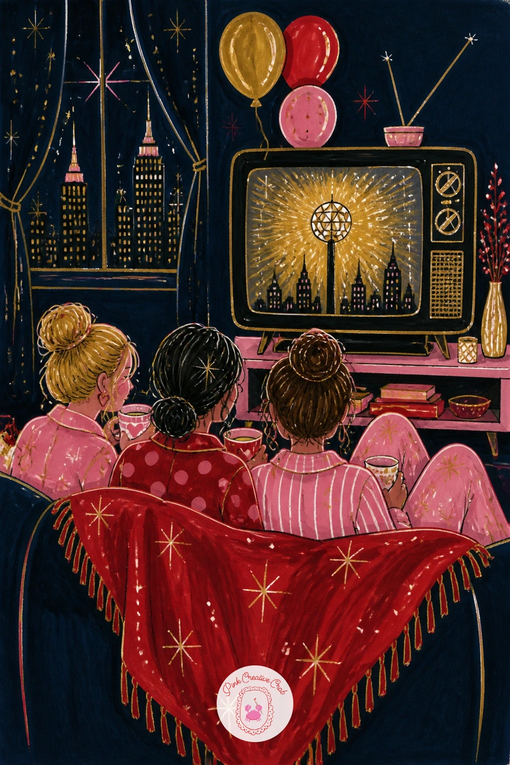 Friends In Pajamas Watching The Ball Drop — Keep the cozy mood going with friends curled up in pajamas watching the ball drop on television. New year drawing