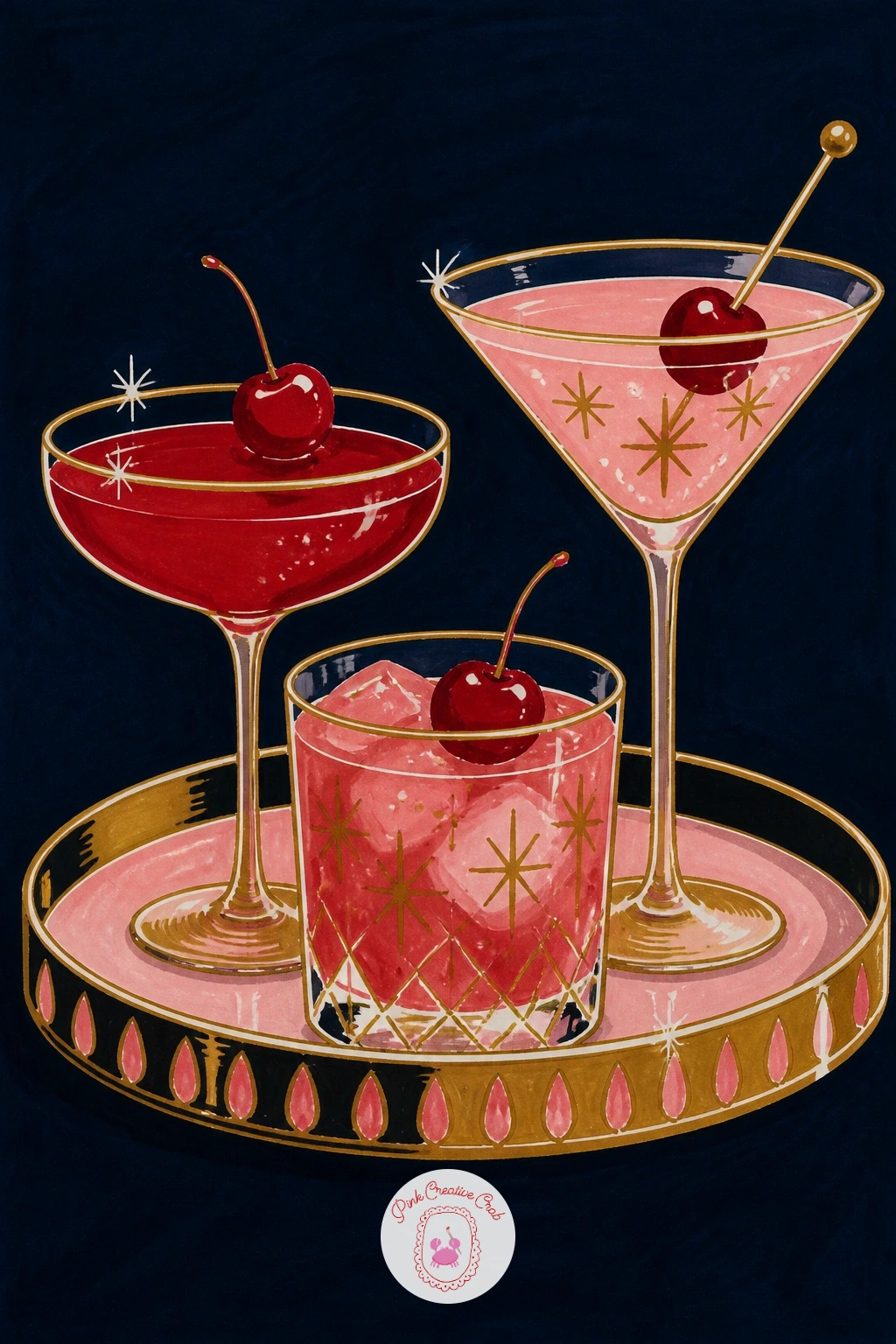 Tray Of Cherry Topped Cocktails — Move from cozy back to festive with a tray of colorful cocktails, each topped with a cherry. New year drawing ideas