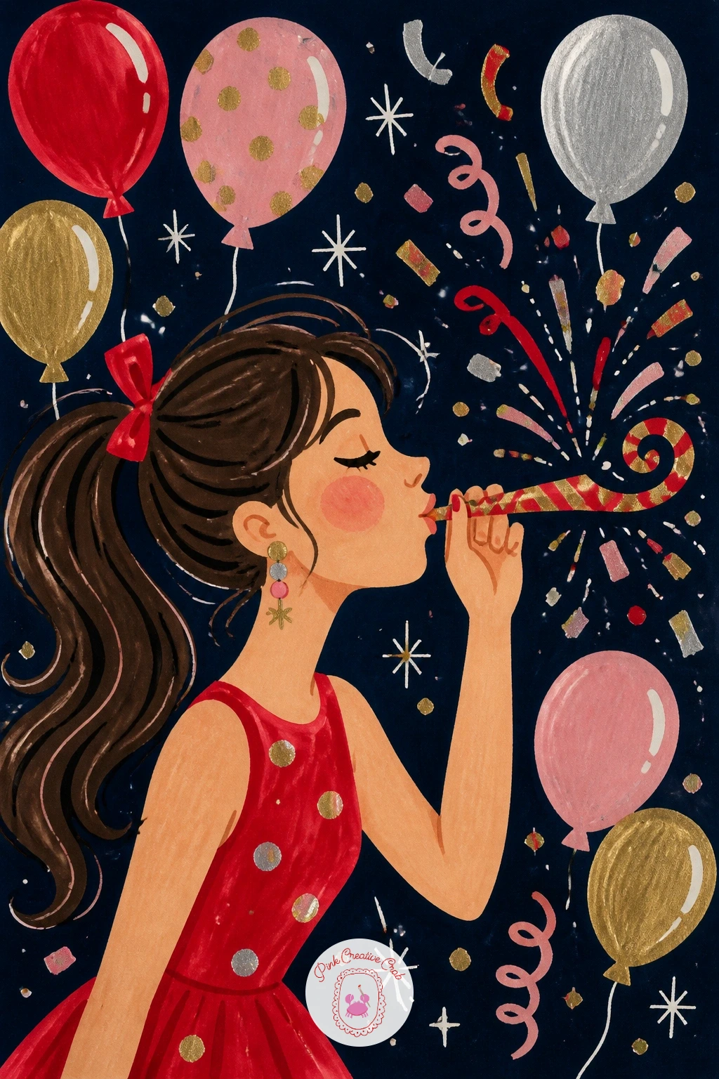 Girl Blowing A Party Horn — Bring a burst of fun energy back with a girl blowing a party horn, balloons crowding around her. New year drawing ideas