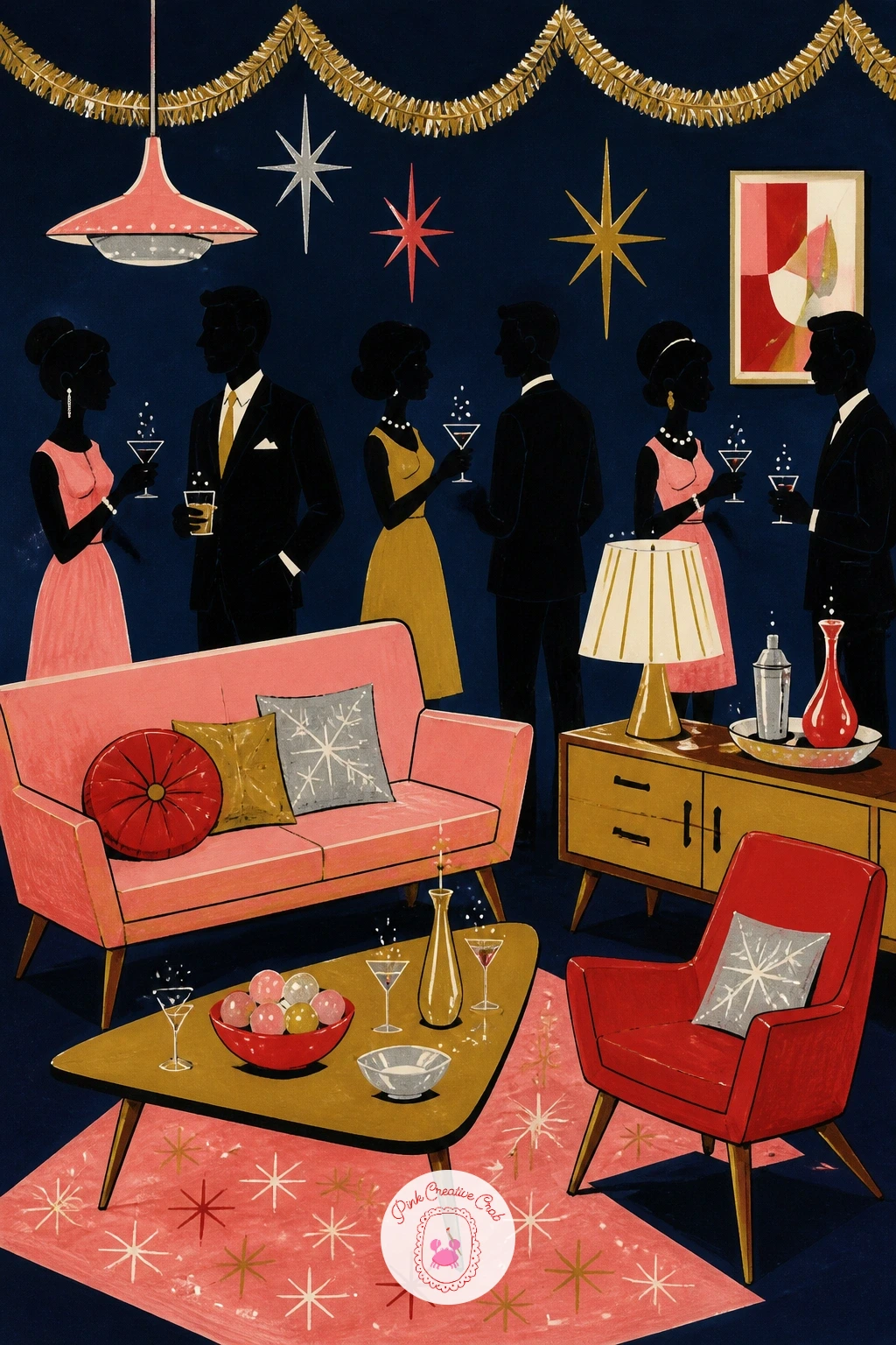 Midcentury Living Room Party — Pull back to a wider view with a full midcentury living room mid party, tinsel garland draped along the walls. New year drawing