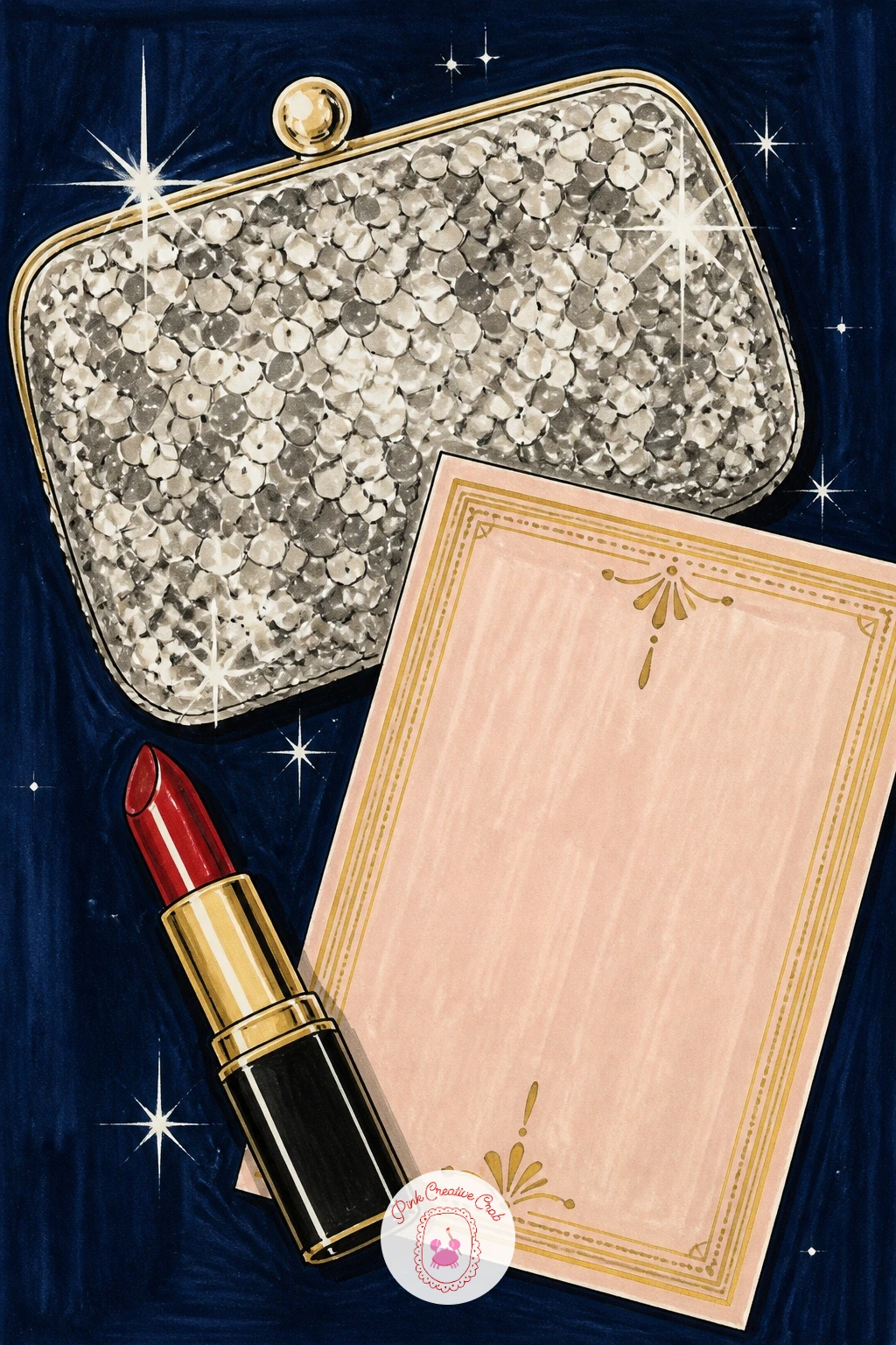 Sequined Clutch, Lipstick And Invitation — Slow down with a small flat lay style still life: a sequined clutch, an open lipstick and a party invitation card.
