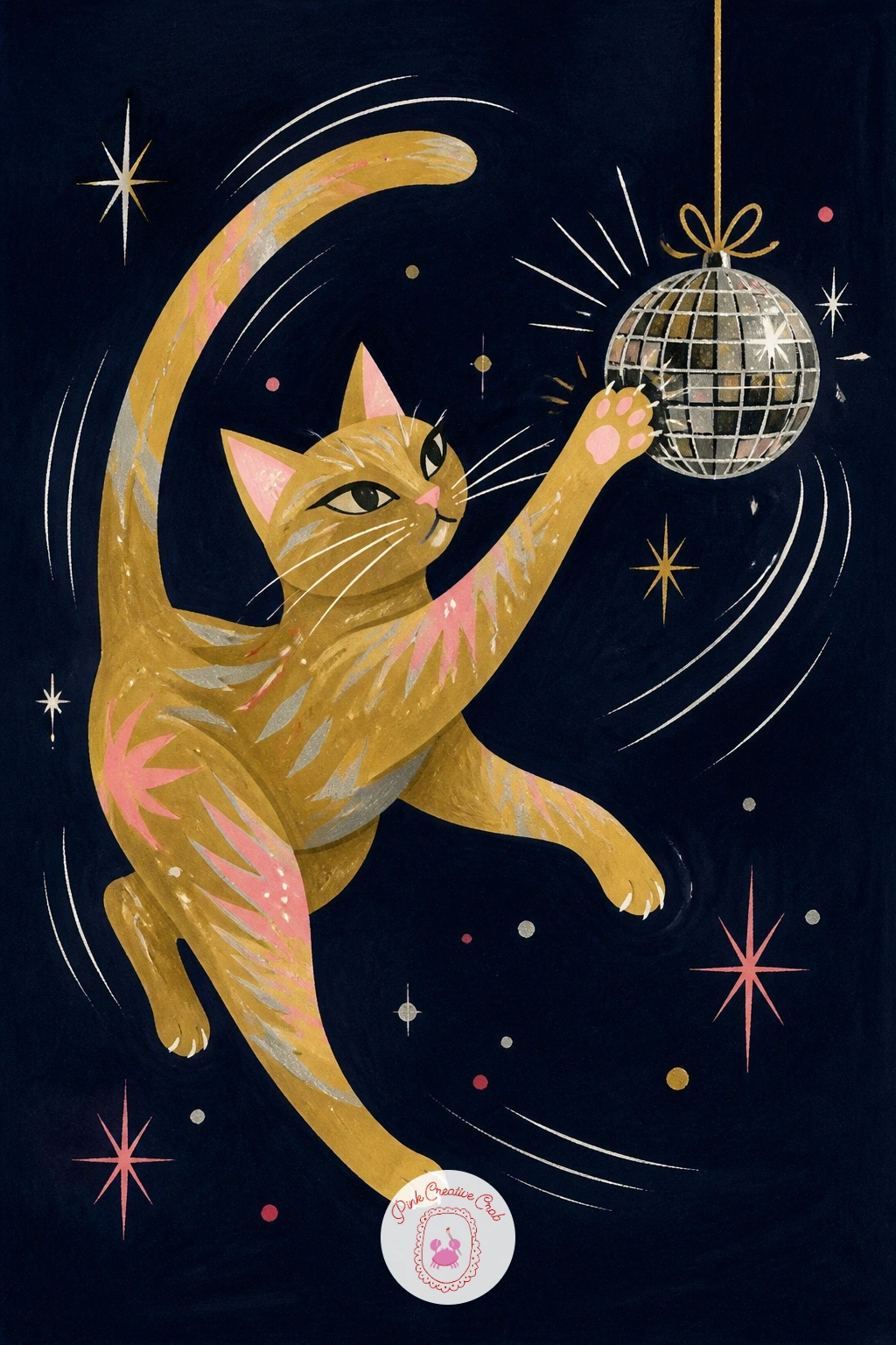 Cat Batting A Disco Ball Ornament — Bring the cat back for a playful moment, batting at a small hanging disco ball ornament. New year drawing ideas