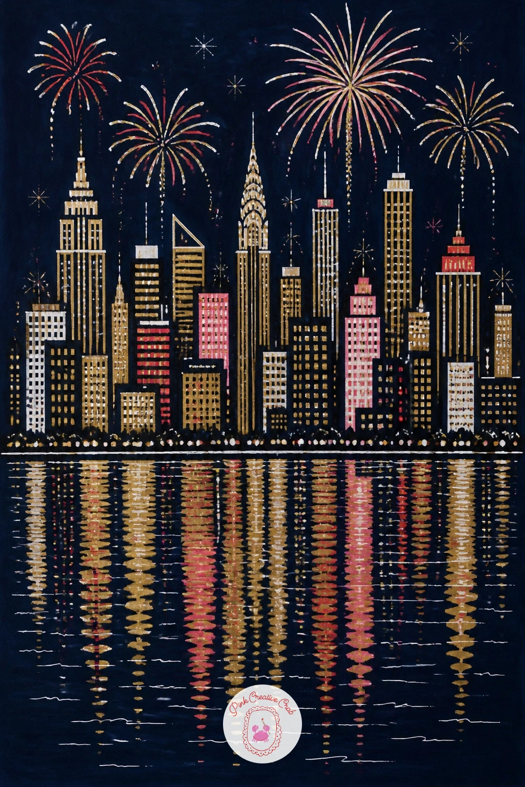 City Skyline Reflected In A River — Widen the view again with a city skyline lit up for New Year, its lights reflected in a river below. New year drawing ideas