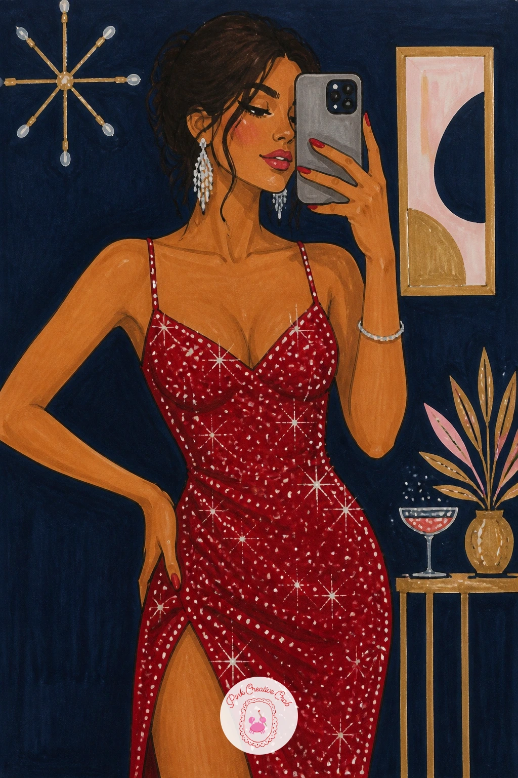 Mirror Selfie In A Sparkly Dress — Return to a single figure with a woman taking a mirror selfie in a sparkly dress, phone held up at an angle. New year