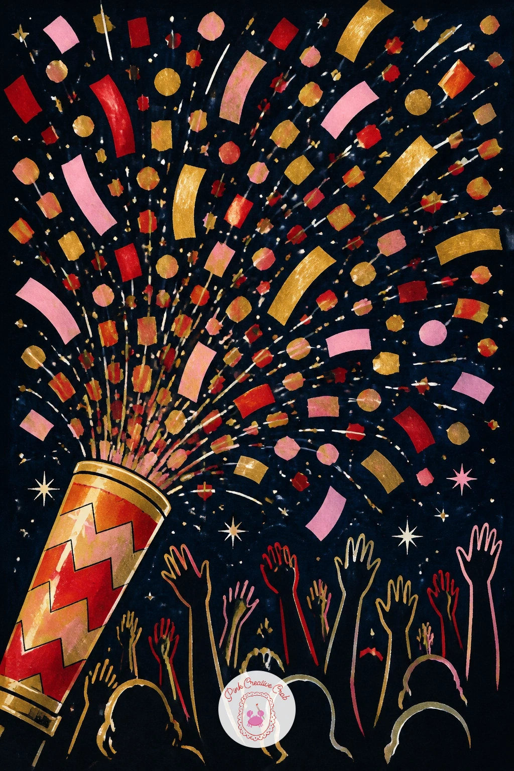 Confetti Cannon Over A Crowd — Build the energy up again with a confetti cannon exploding over a loosely suggested crowd. New year drawing ideas