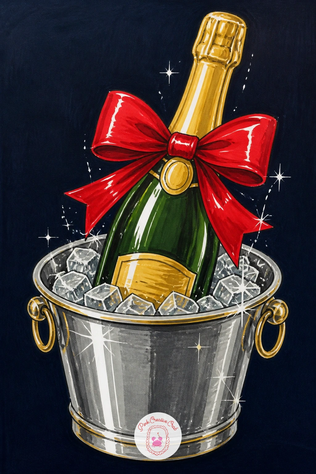 Champagne Bottle In An Ice Bucket — Settle back into a calmer still life with a champagne bottle resting in an ice bucket, a bow tied around its neck. New year
