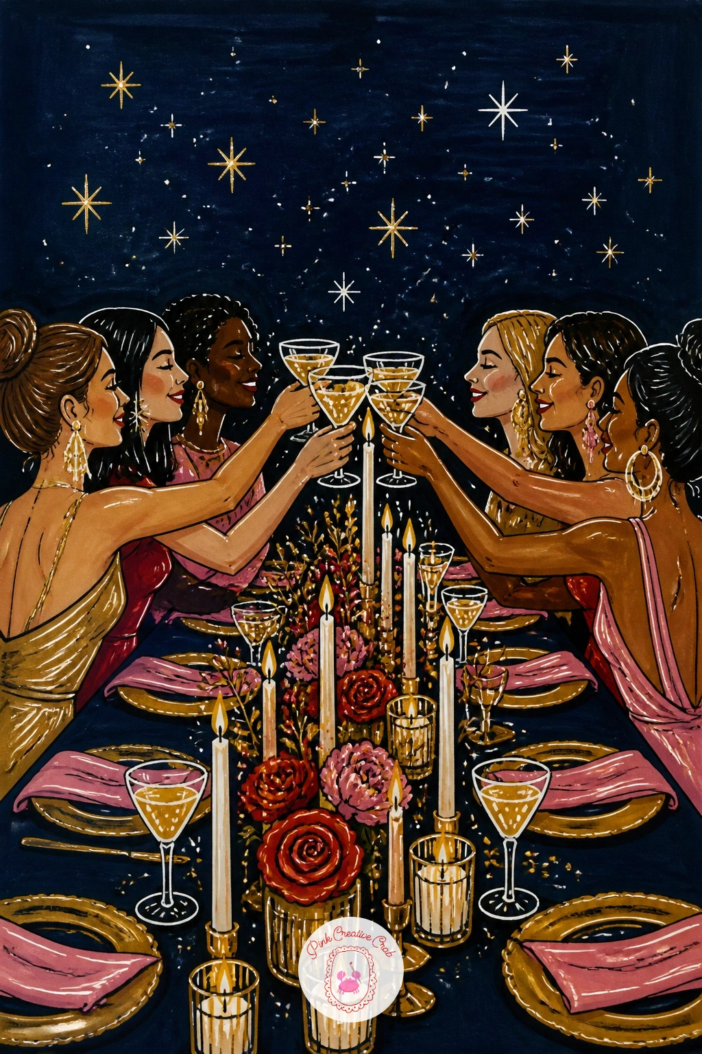 Friends Toasting At A Candlelit Table — Widen out once more for a group toast around a long candlelit table. New year drawing ideas