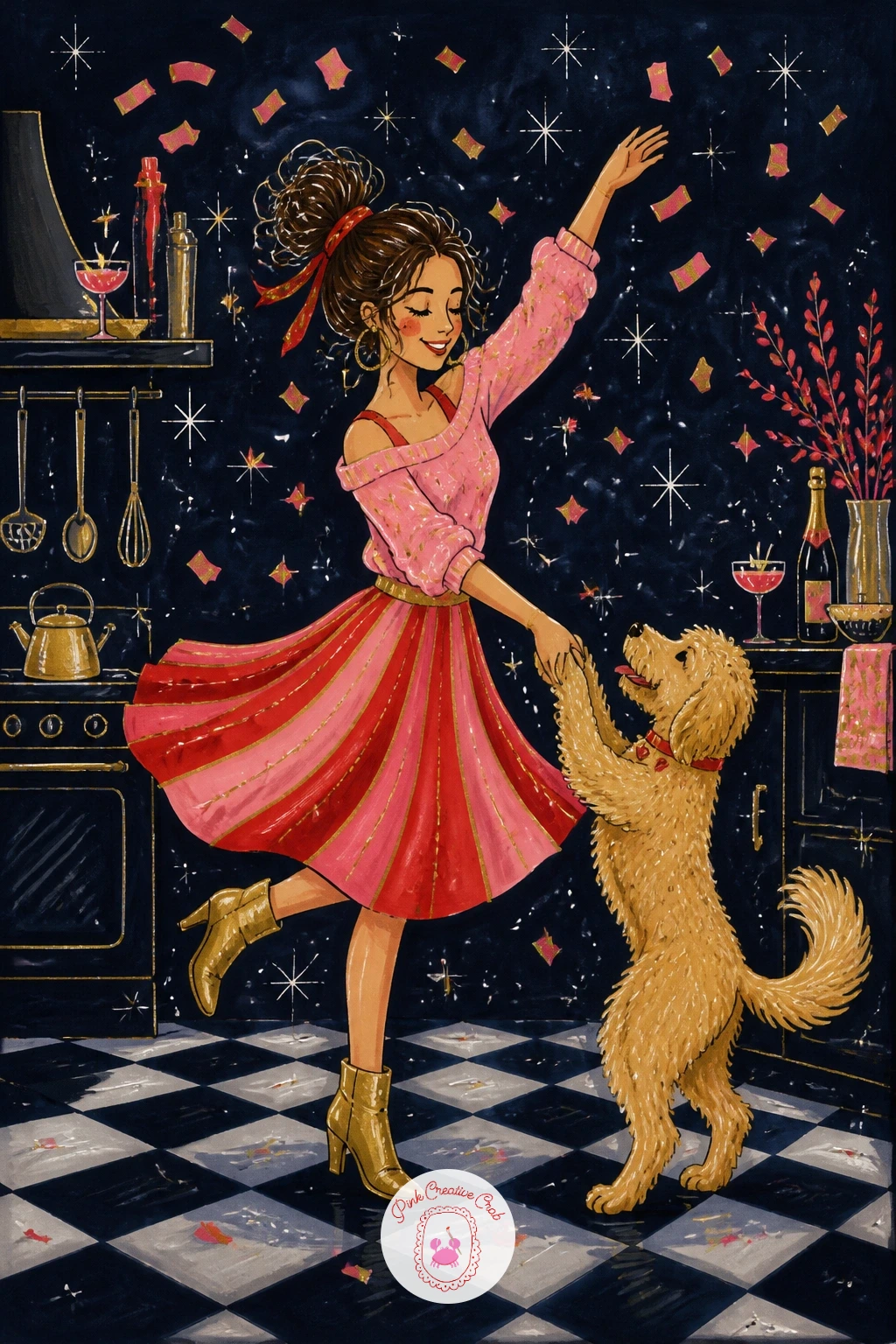 Dancing With Her Dog At Midnight — Bring the dachshund back for a sweeter beat: a girl dancing with her dog in the kitchen right at midnight. New year drawing