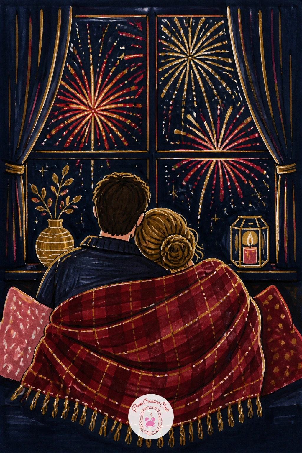 Cozy Couple Watching Fireworks From A Window — Close out the cozy side of the list with a couple watching fireworks from a window, wrapped in a blanket