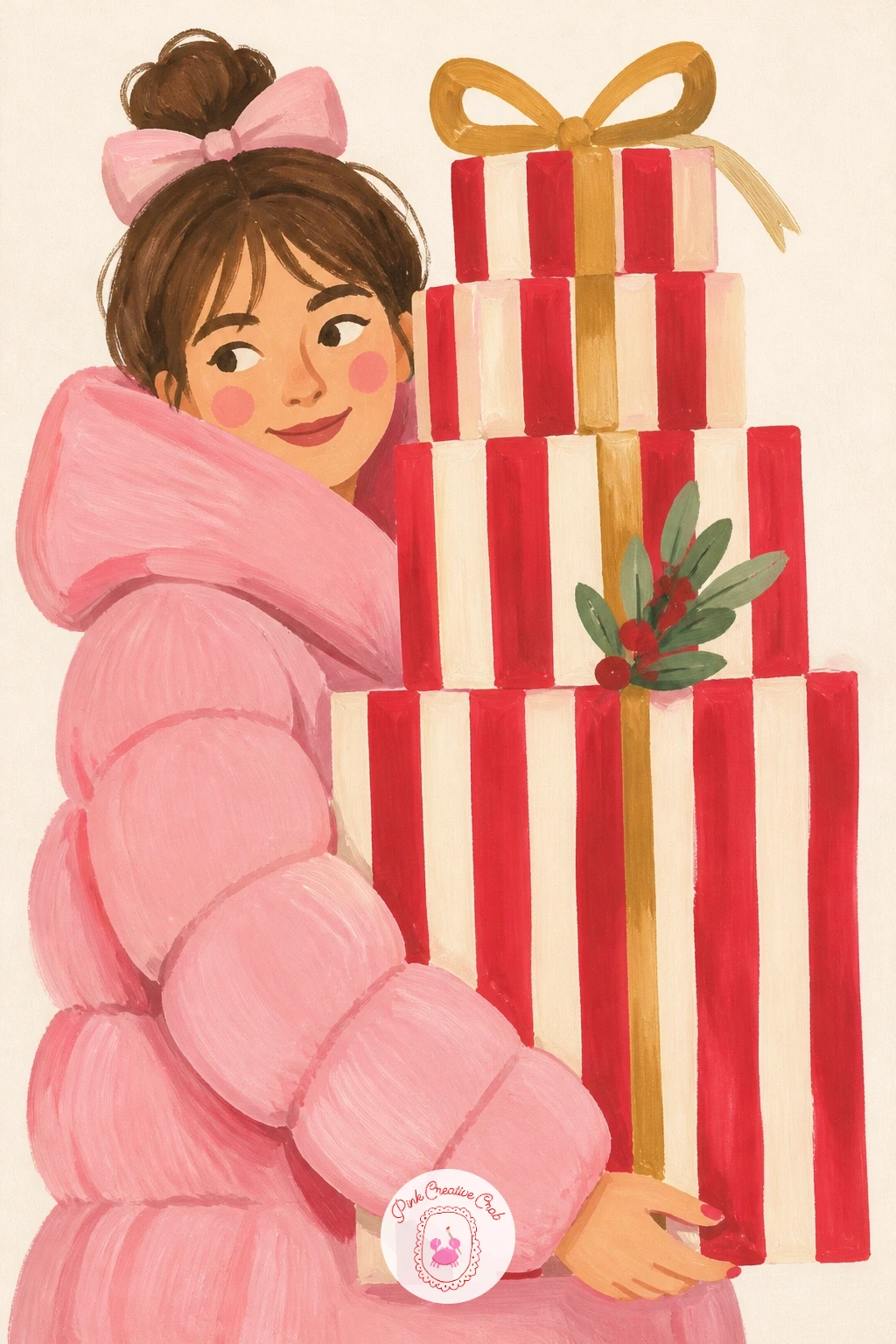 Girl In A Pink Puffer Carrying Striped Boxes — Move from the tree to a little scene with a figure in it: a girl in a pink puffer jacket, arms full of striped