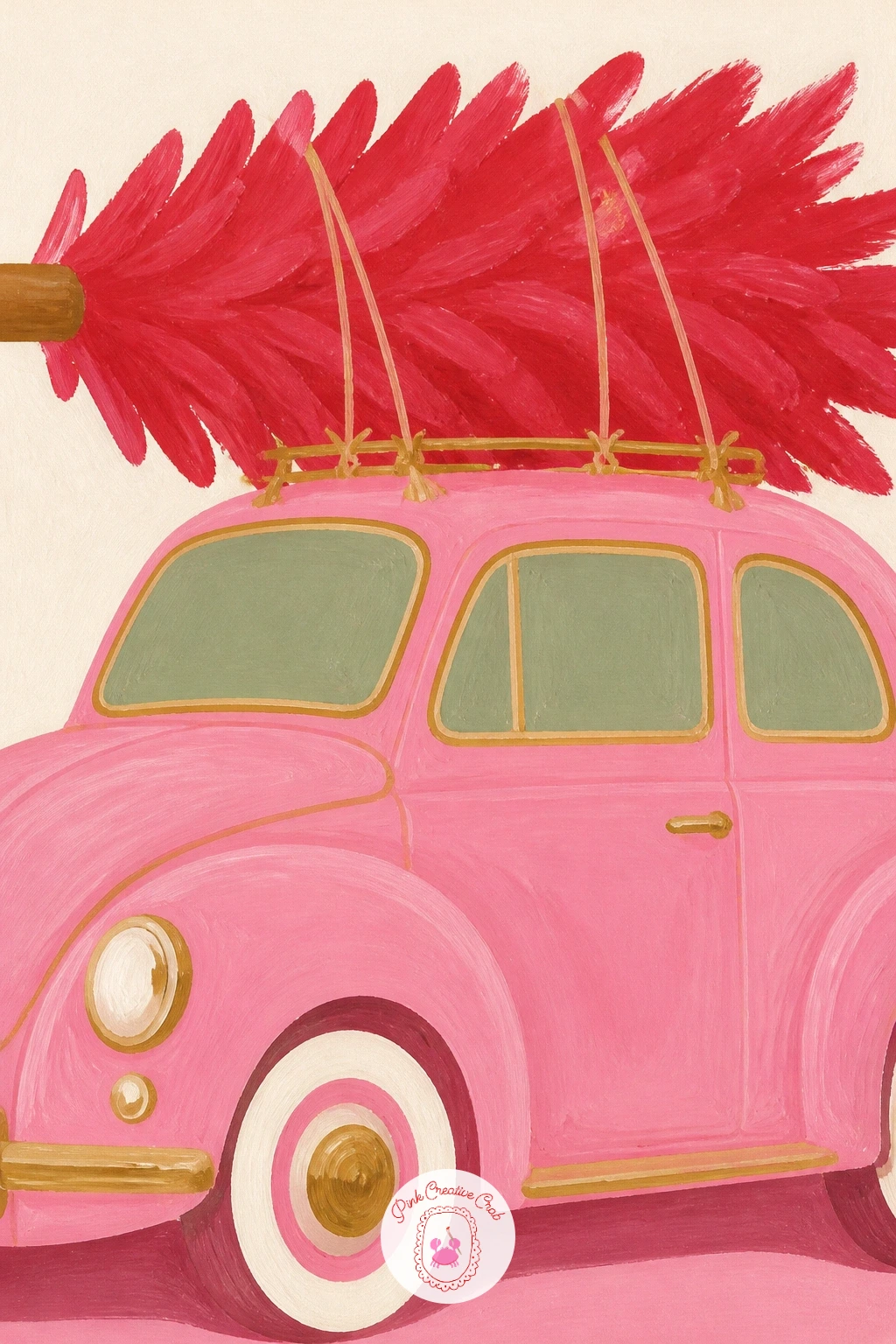 Pink Vintage Car With A Tree Tied On Top — Give the pink a bit of motion with a vintage car, tree strapped to its roof. Pink christmas painting