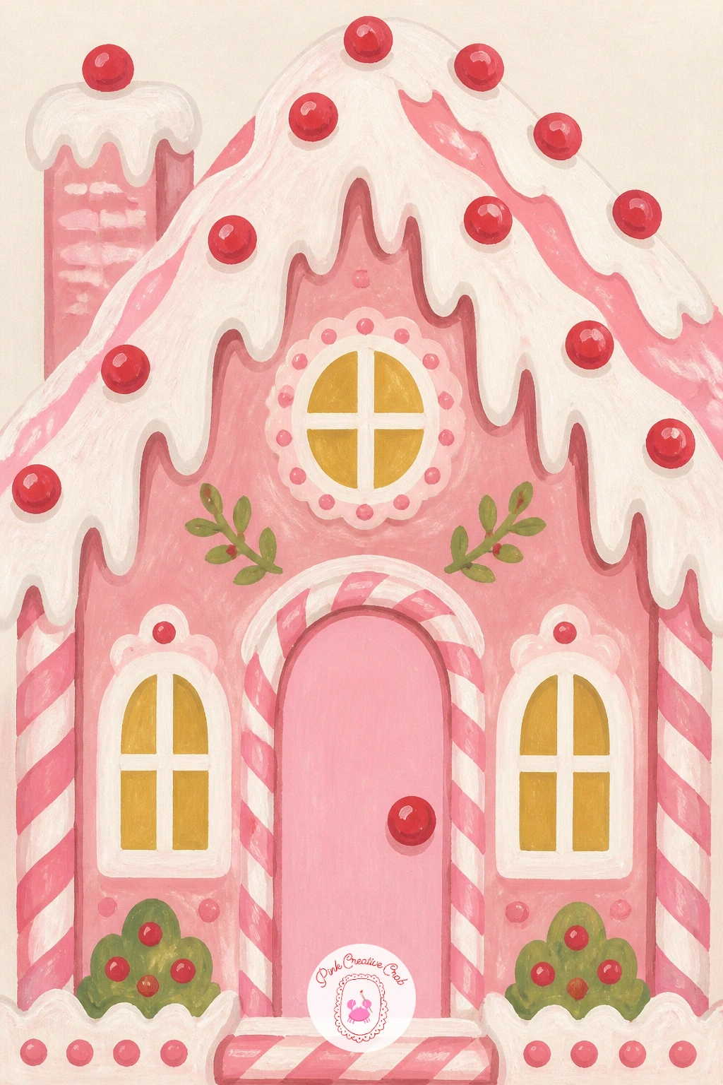 Pink Gingerbread House With White Icing — Bring the palette into the kitchen with a pink gingerbread house, icing dripping from every edge. Pink christmas