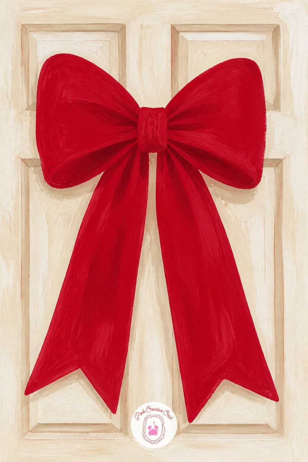 Pink Velvet Bow On A White Front Door — Slow the pace down with something simple: a pink velvet bow pinned to a white front door. Pink christmas painting
