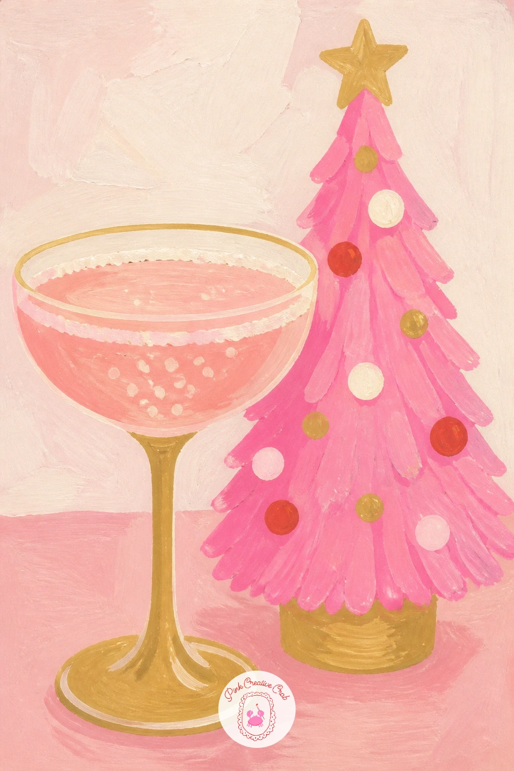 Coupe Glass Of Pink Champagne Beside A Mini Tree — Set up a tiny still life next: a coupe glass of pink champagne beside a mini tree. Pink christmas painting