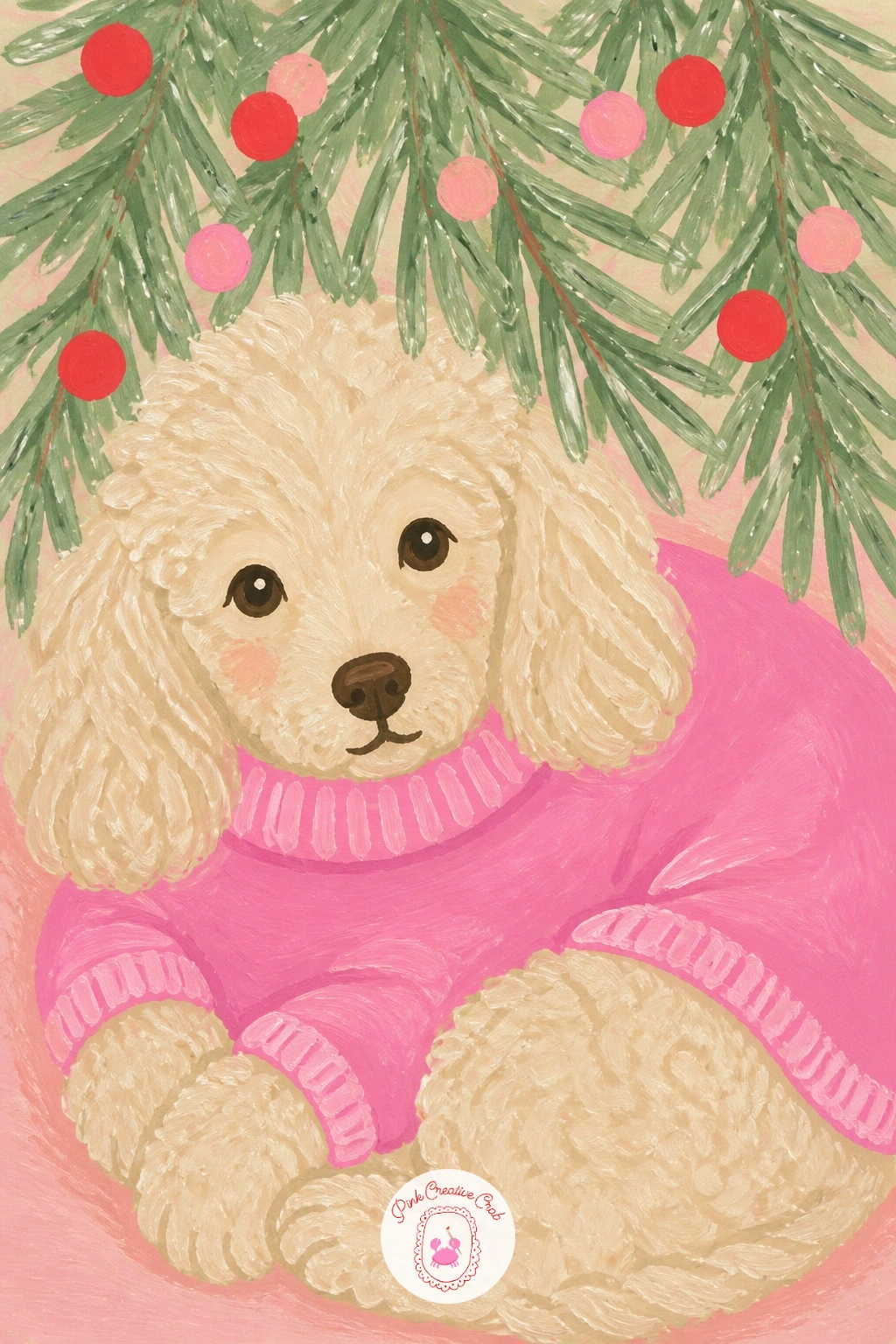 Poodle In A Pink Sweater Under The Tree — Bring in some warmth with a poodle in a pink sweater, curled under the tree. Pink christmas painting
