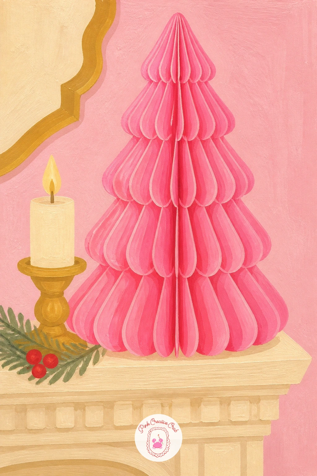 Pink Honeycomb Paper Tree On A Mantel — Keep the decorative theme going with a pink honeycomb paper tree, the kind that fans open flat on a mantel. Pink