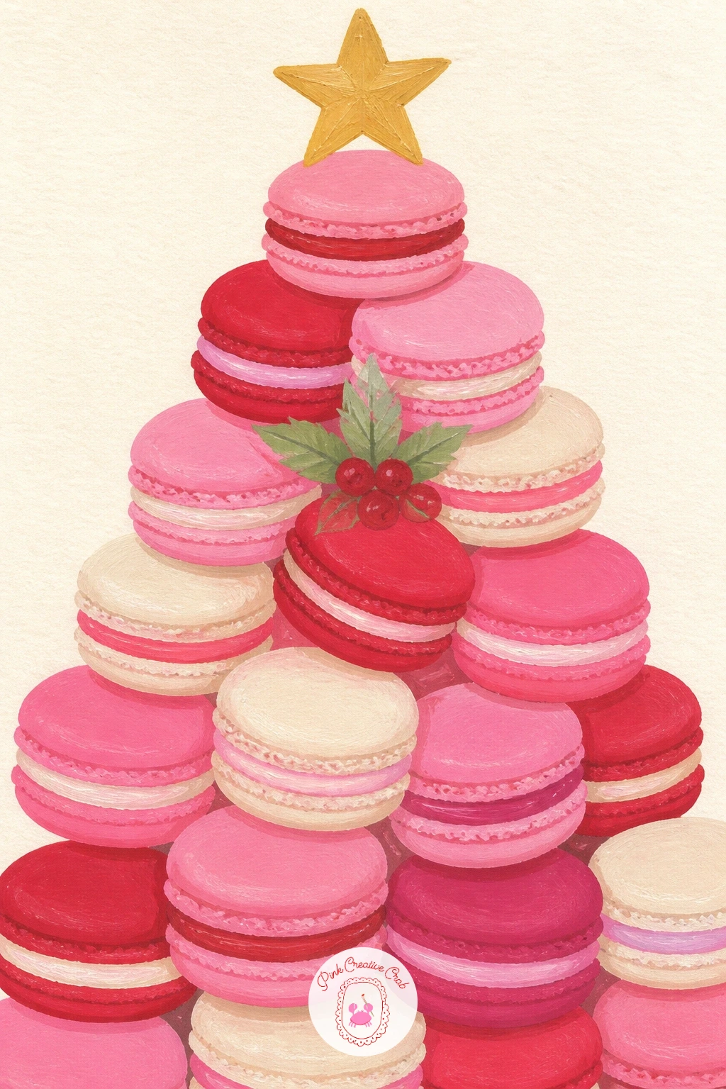 Pink Macarons Stacked Into A Christmas Tree — Turn dessert into decor with pink macarons stacked into a tree shape. Pink christmas painting
