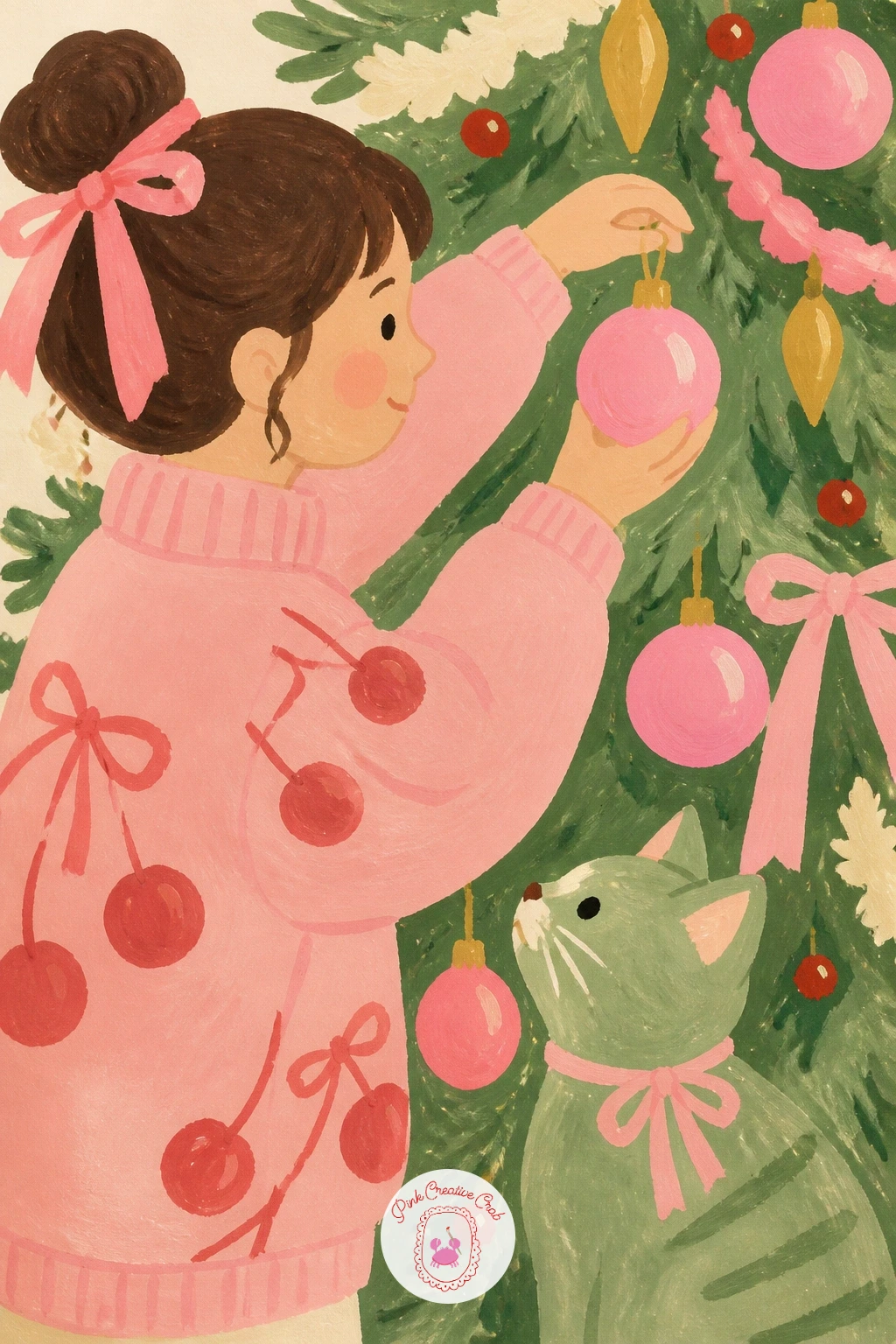 Girl Hanging Pink Baubles With A Cat Watching — Add a little story to the page with a girl hanging pink baubles while a cat watches from below. Pink christmas