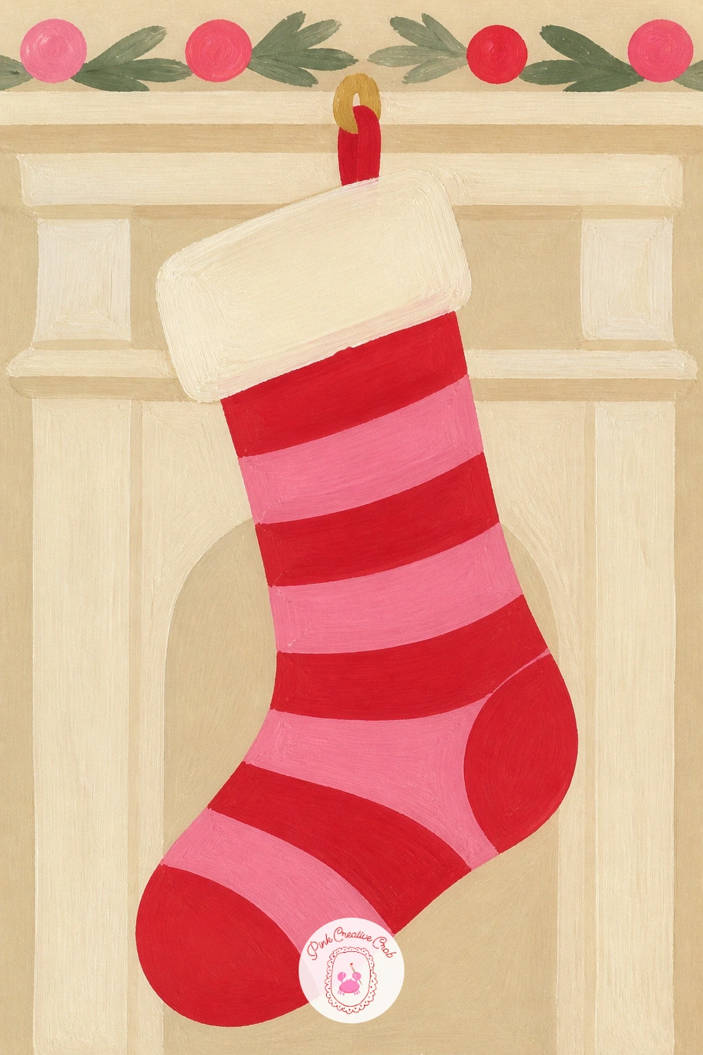 Cherry Red And Pink Striped Stocking On A Fireplace — Give the color scheme its own star turn with a cherry red and pink striped stocking hanging on a