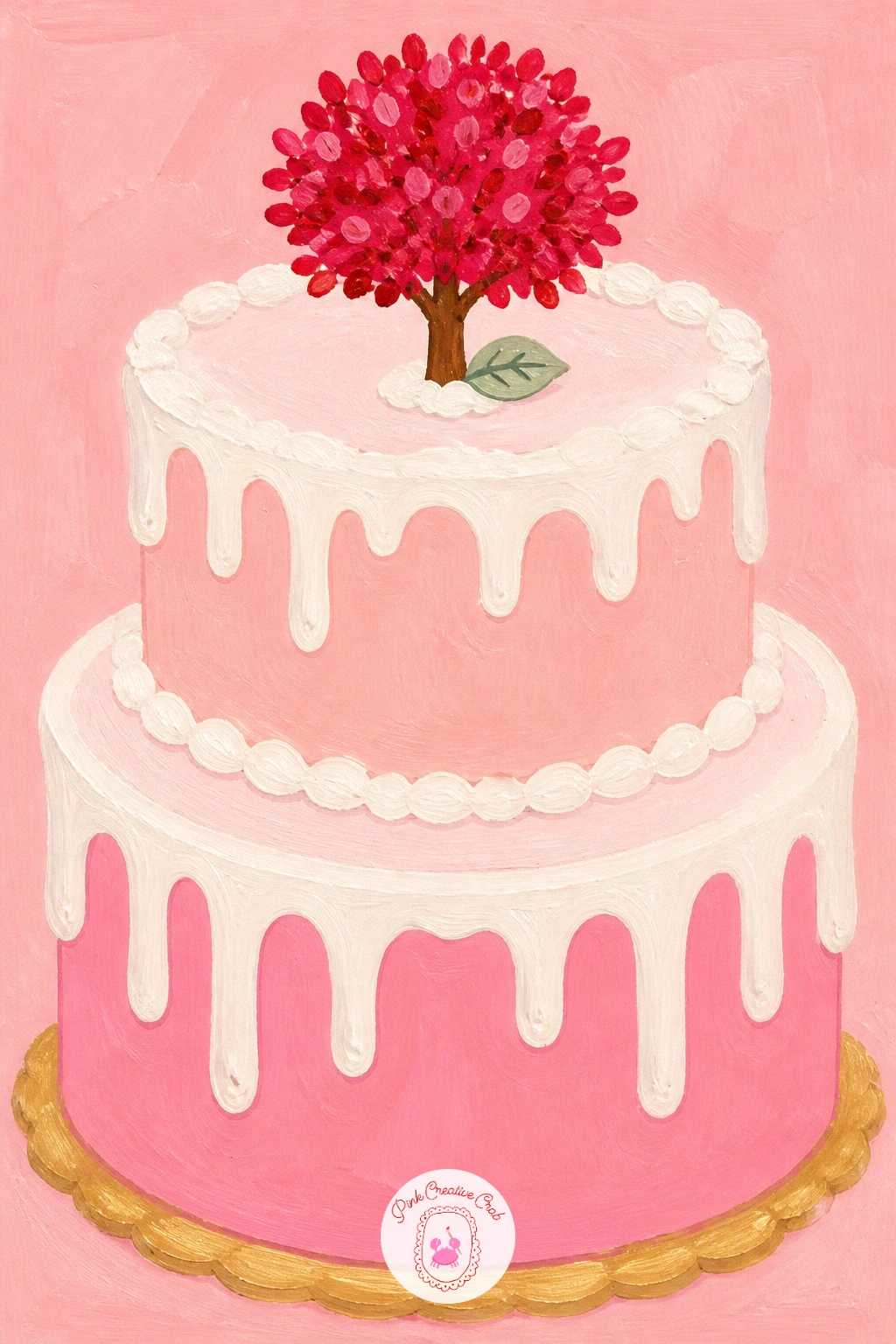 Pink Cake With A Tiny Tree On Top — Keep the dessert table going with a pink cake topped by a tiny tree. Pink christmas painting