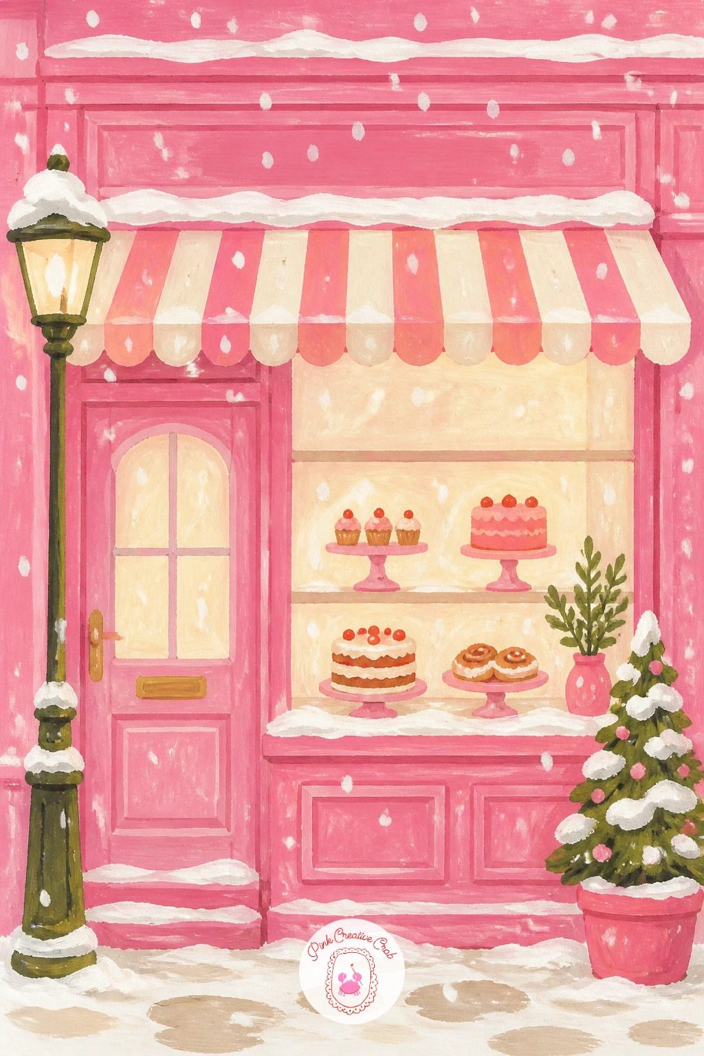 Snowy Street With A Pink Bakery Storefront — Step outside for a small scene: a snowy street with a pink bakery storefront glowing in the cold. Pink christmas