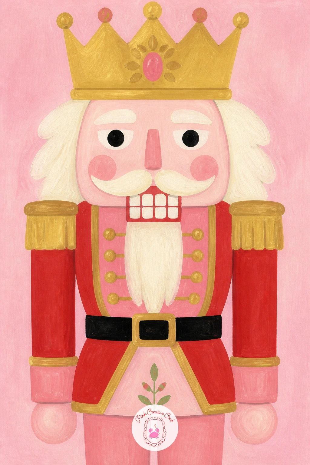 Pink Nutcracker With A Gold Crown — Bring a classic character into the palette with a pink nutcracker wearing a gold crown. Pink christmas painting