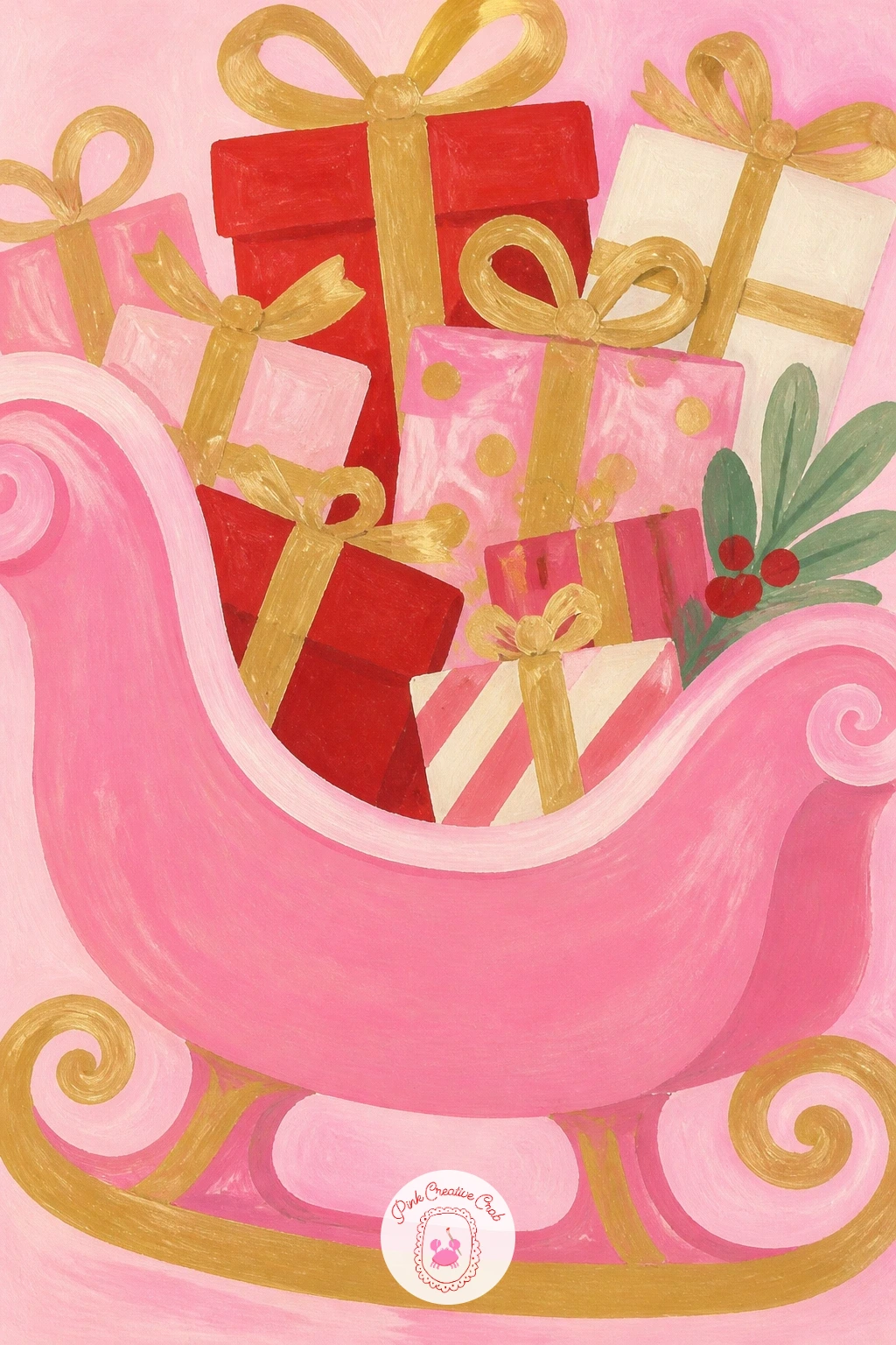 Pink Sleigh Full Of Wrapped Presents — Keep the momentum of the nutcracker going with a pink sleigh overflowing with wrapped presents. Pink christmas painting