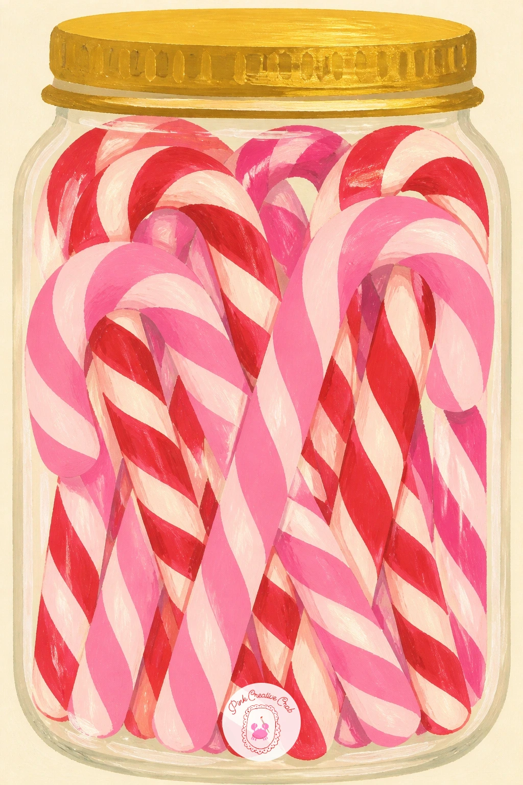 Pink And Red Candy Canes In A Glass Jar — Slow down again with a simple still life: pink and red candy canes bundled in a glass jar. Pink christmas painting