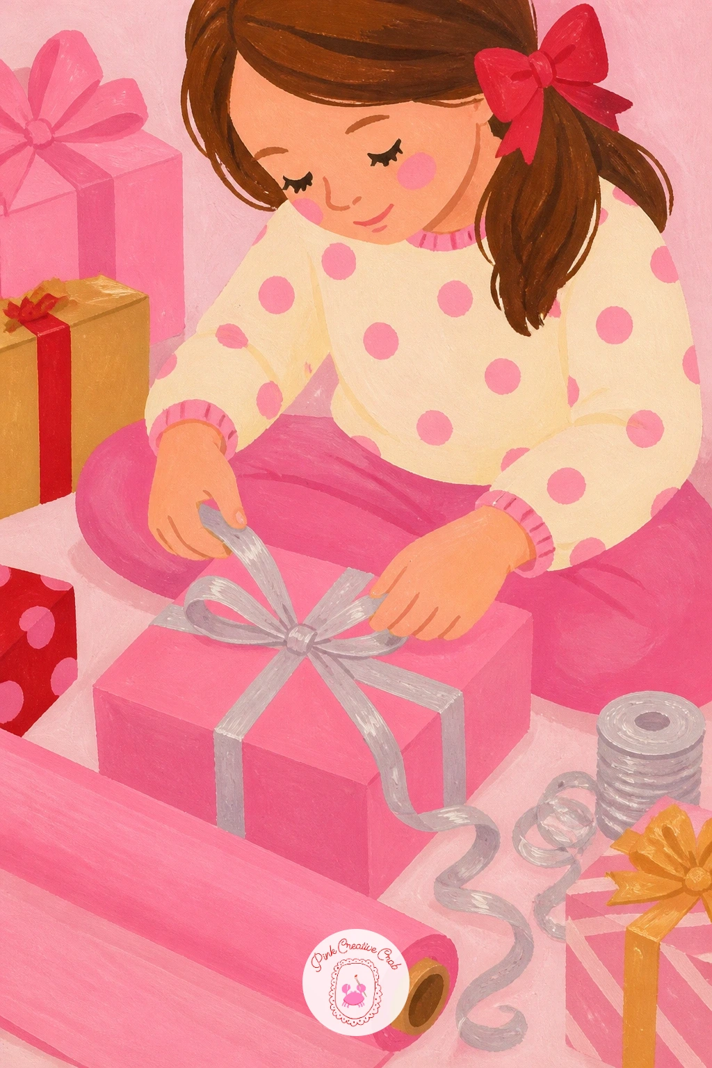 Girl Wrapping Gifts In Pink Paper With Silver Ribbon — Return to a small scene with a girl wrapping gifts in pink paper, silver ribbon spooling beside her.