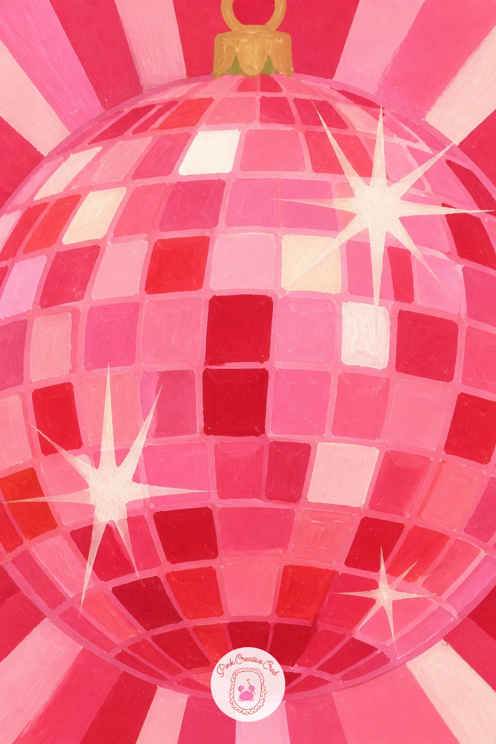 Pink Disco Ball Ornament Reflecting Lights — Add some sparkle with a pink disco ball ornament, hung mid-air and catching the light. Pink christmas painting