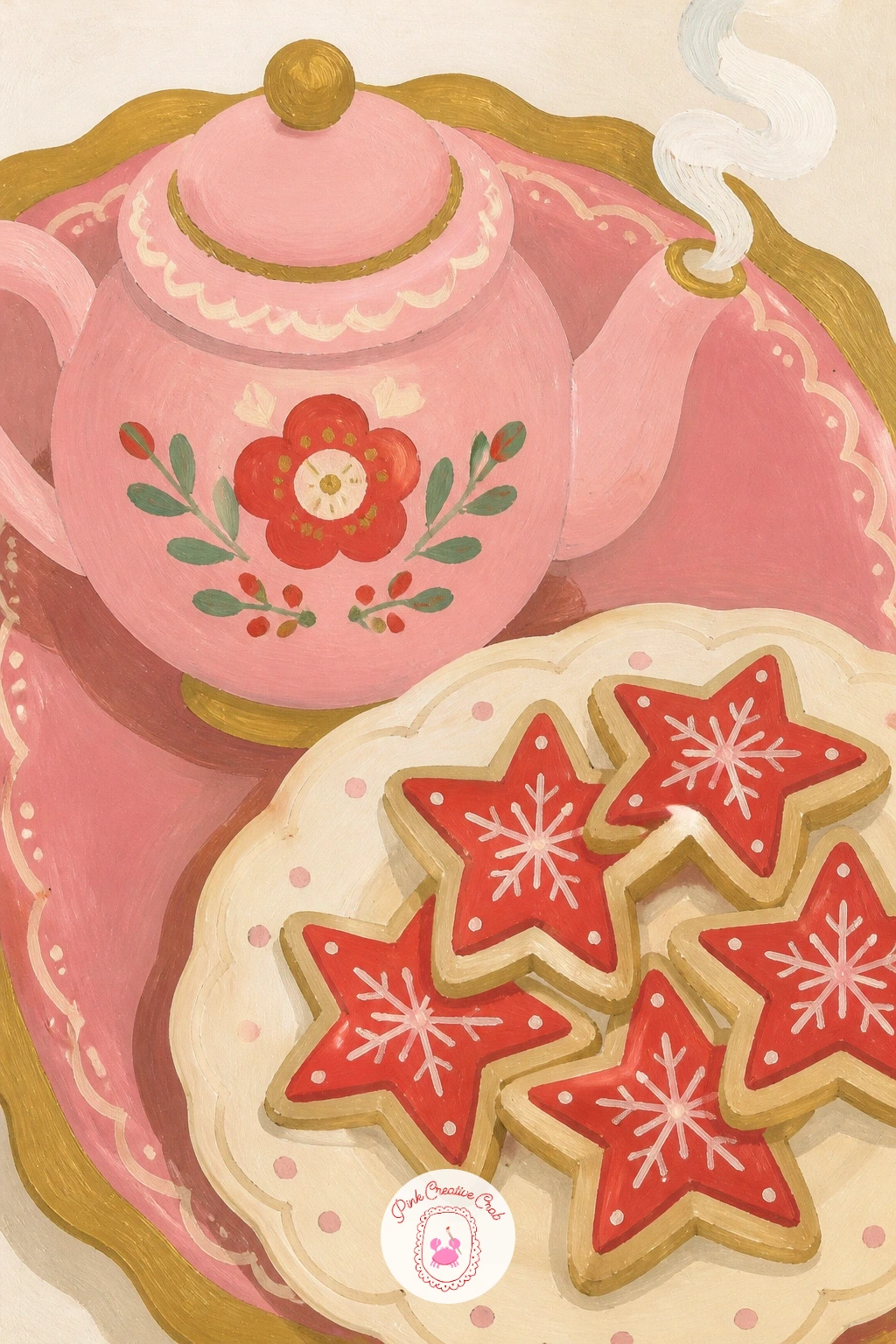 Pink Teapot And Christmas Cookies On A Tray — Settle into something cozy with a pink teapot and a plate of Christmas cookies on a tray. Pink christmas painting