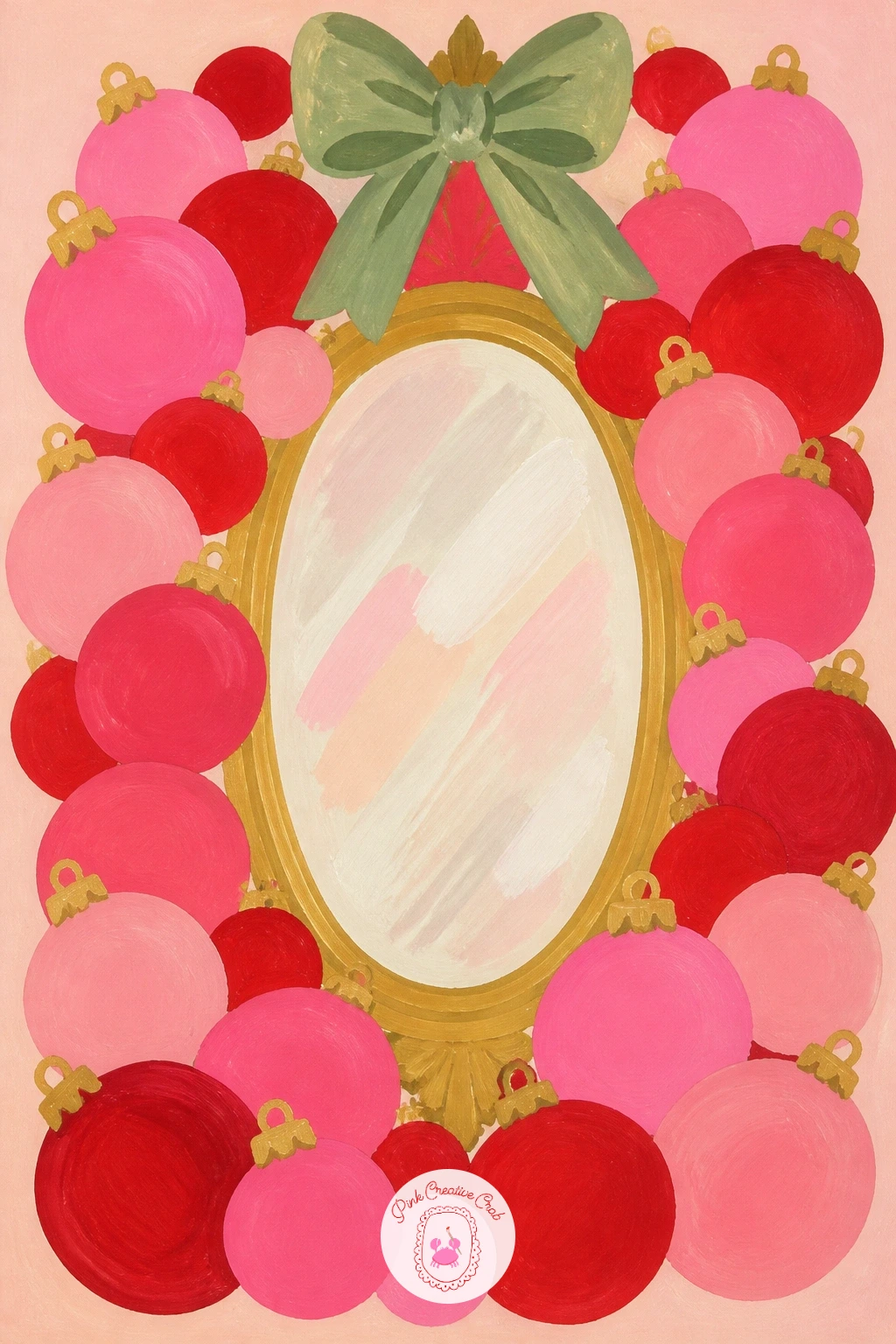 Pink Wreath Of Baubles On A Mirror — Turn the wreath tradition pink with a ring of baubles hung on a mirror. Pink christmas painting