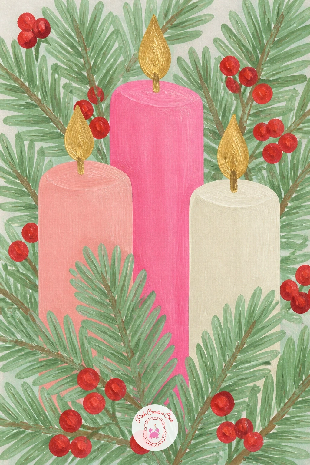 Pink Candle Trio With Sprigs Of Pine — Keep things quiet with a trio of pink candles tucked among sprigs of pine. Pink christmas painting