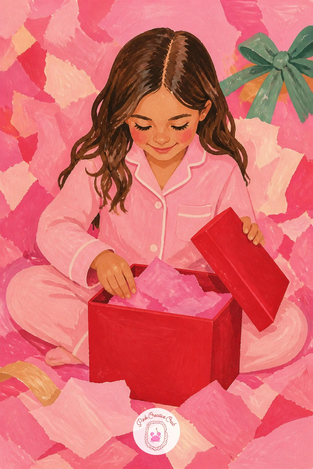 Girl In Pink Pajamas Opening A Gift — Bring the morning energy in with a girl in pink pajamas opening a gift on the floor. Pink christmas painting
