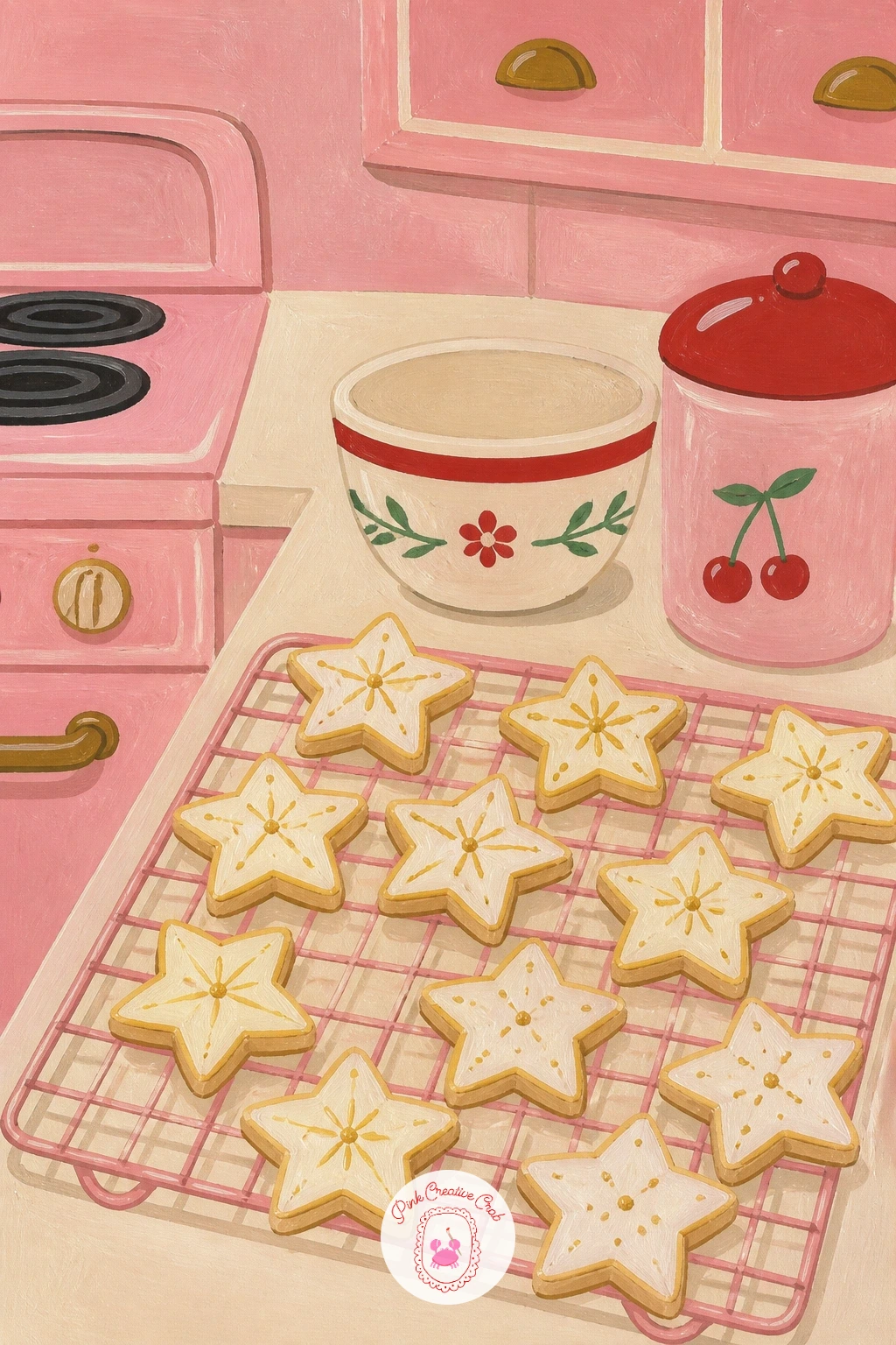 Vintage Pink Kitchen With Cookies Cooling — Step into a vintage pink kitchen where cookies sit cooling on a rack. Pink christmas painting