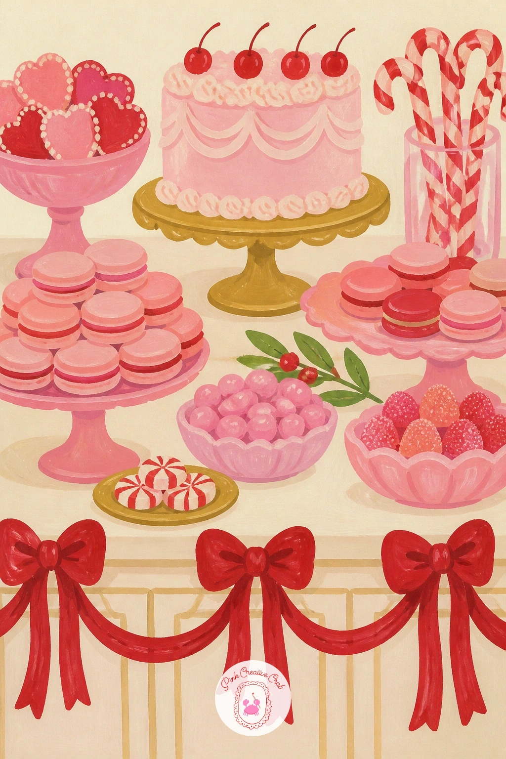 Dessert Table Of Pink Sweets And A Bow Garland — Finish the list with the biggest scene yet: a full dessert table of pink sweets strung with a bow garland.