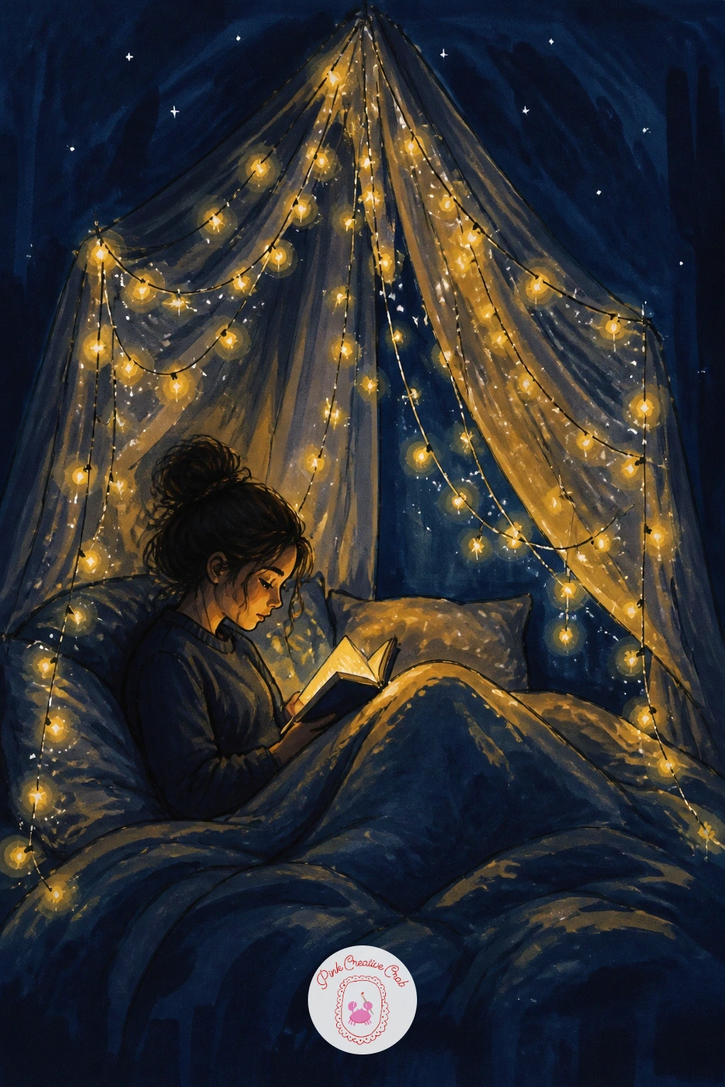 Girl Reading Under Fairy Lights — Start the whole set with something small and quiet: a girl reading in bed under a canopy of fairy lights strung along the