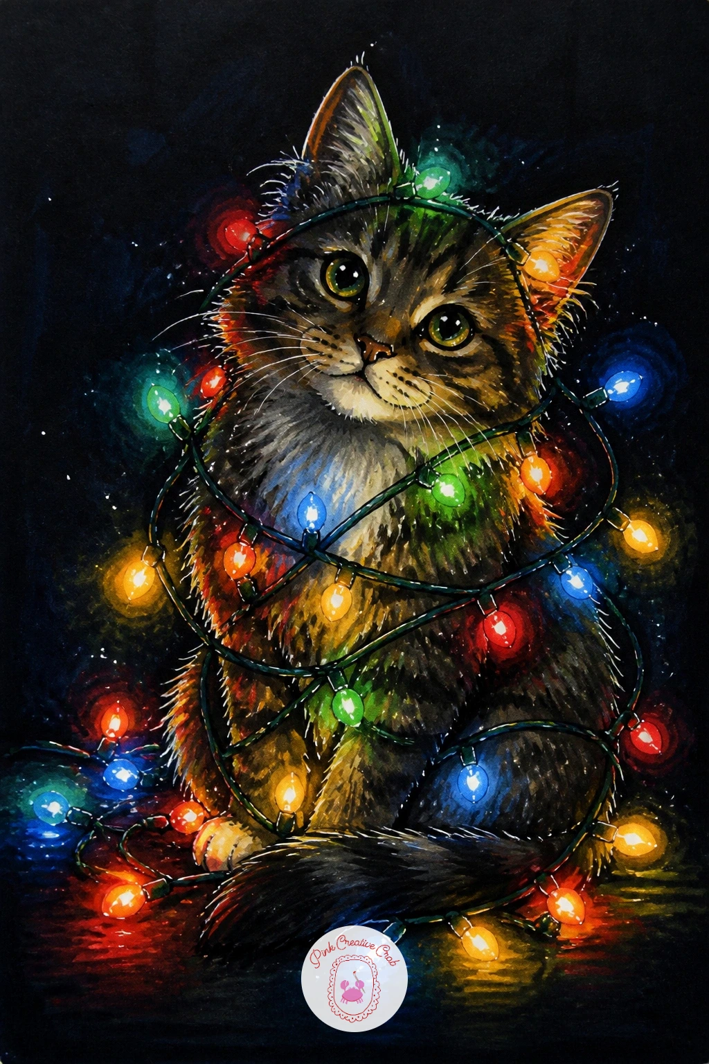Cat Tangled in Colorful Bulbs — Bring in some mischief after that quiet bedroom scene: a cat tangled in a string of colorful bulbs is pure holiday chaos in the