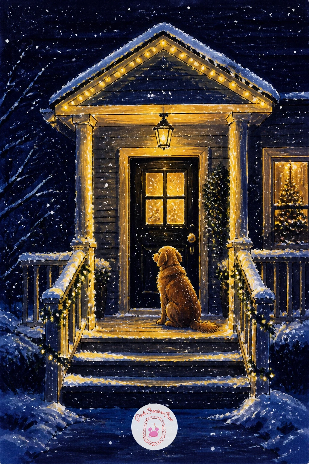 Snowy Porch With Waiting Dog — Move outdoors now for a snowy porch wrapped in warm lights with a dog waiting by the door. Christmas lights drawing