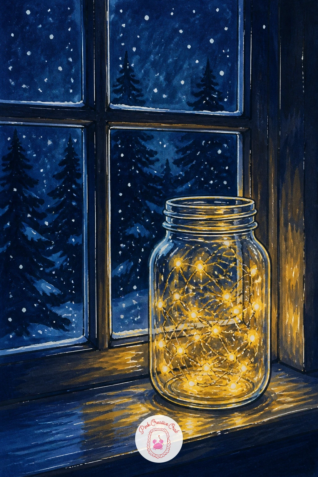 Jar of Fairy Lights on a Windowsill — Slow the pace down with a jar of fairy lights on a windowsill, snow falling outside the glass. Christmas lights drawing