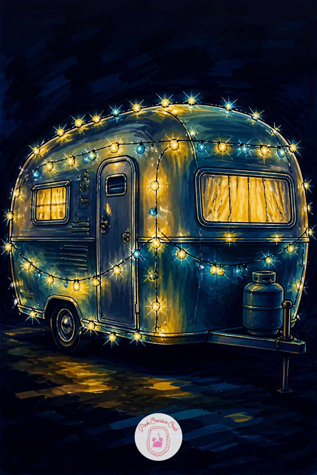 Vintage Camper Van With String Lights — Give the lights a vehicle to decorate next: a vintage camper van wrapped in string lights parked for the night.