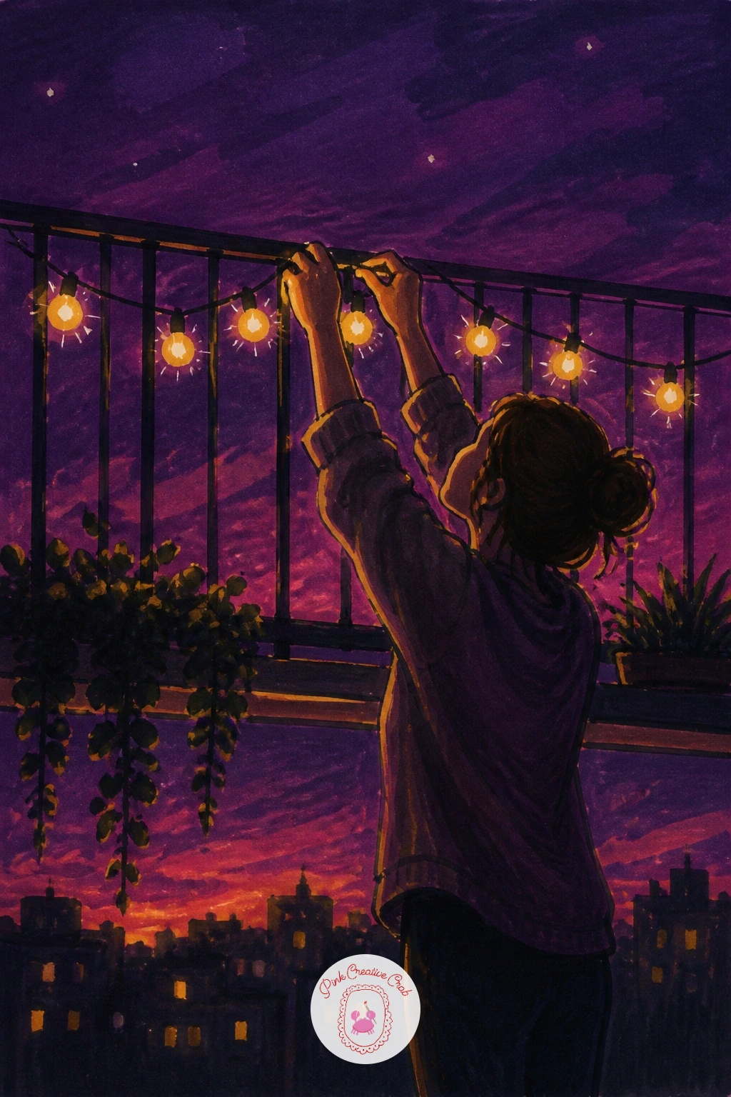 Woman Hanging Lights on a Balcony — Put a person mid-task now: a woman hanging lights on her balcony at dusk, reaching up with one string still unlit in her