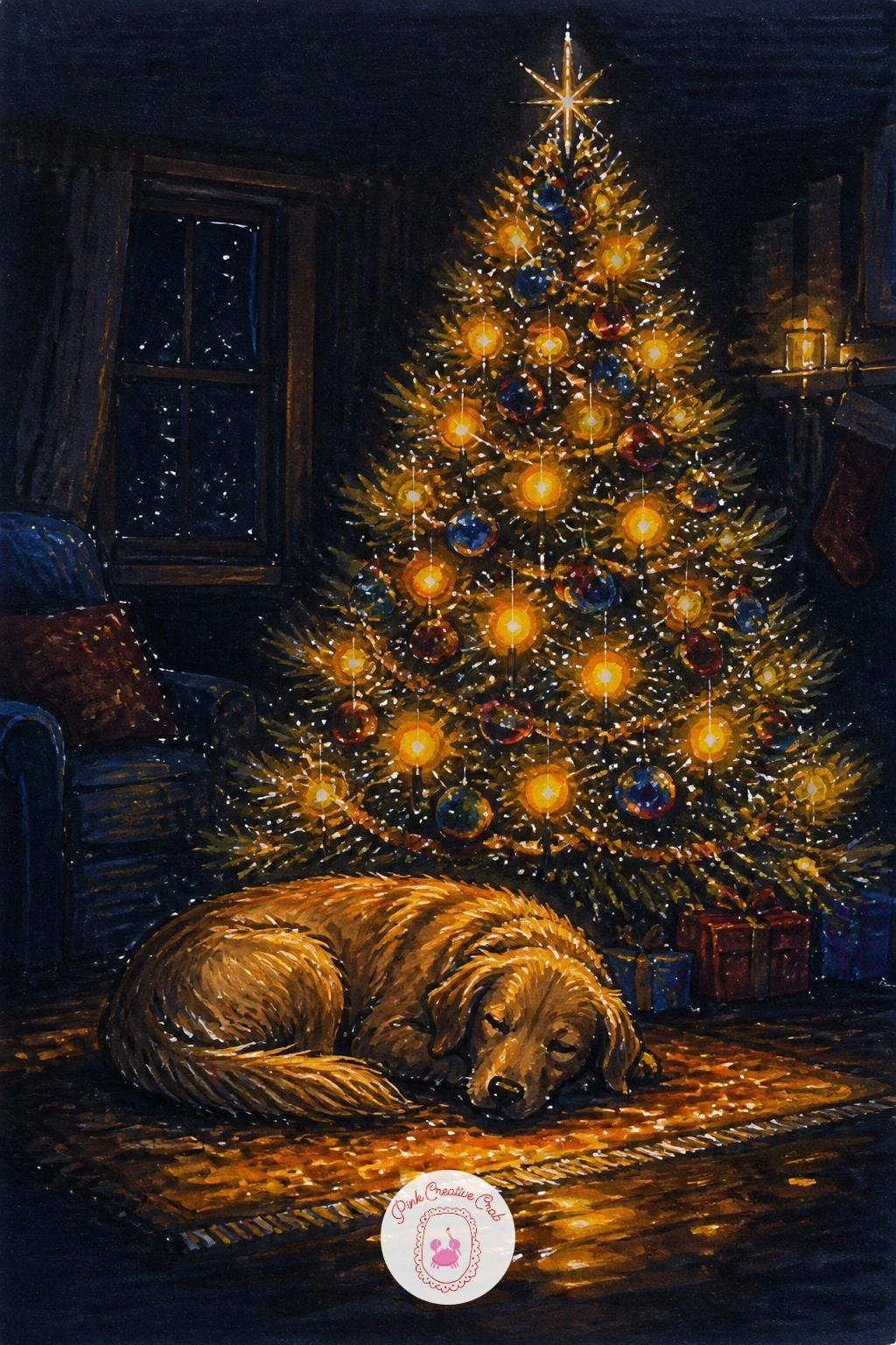 Christmas Tree With Sleeping Dog — Bring the glow indoors for a Christmas tree glowing in a dark living room with a dog asleep beneath it. Christmas lights