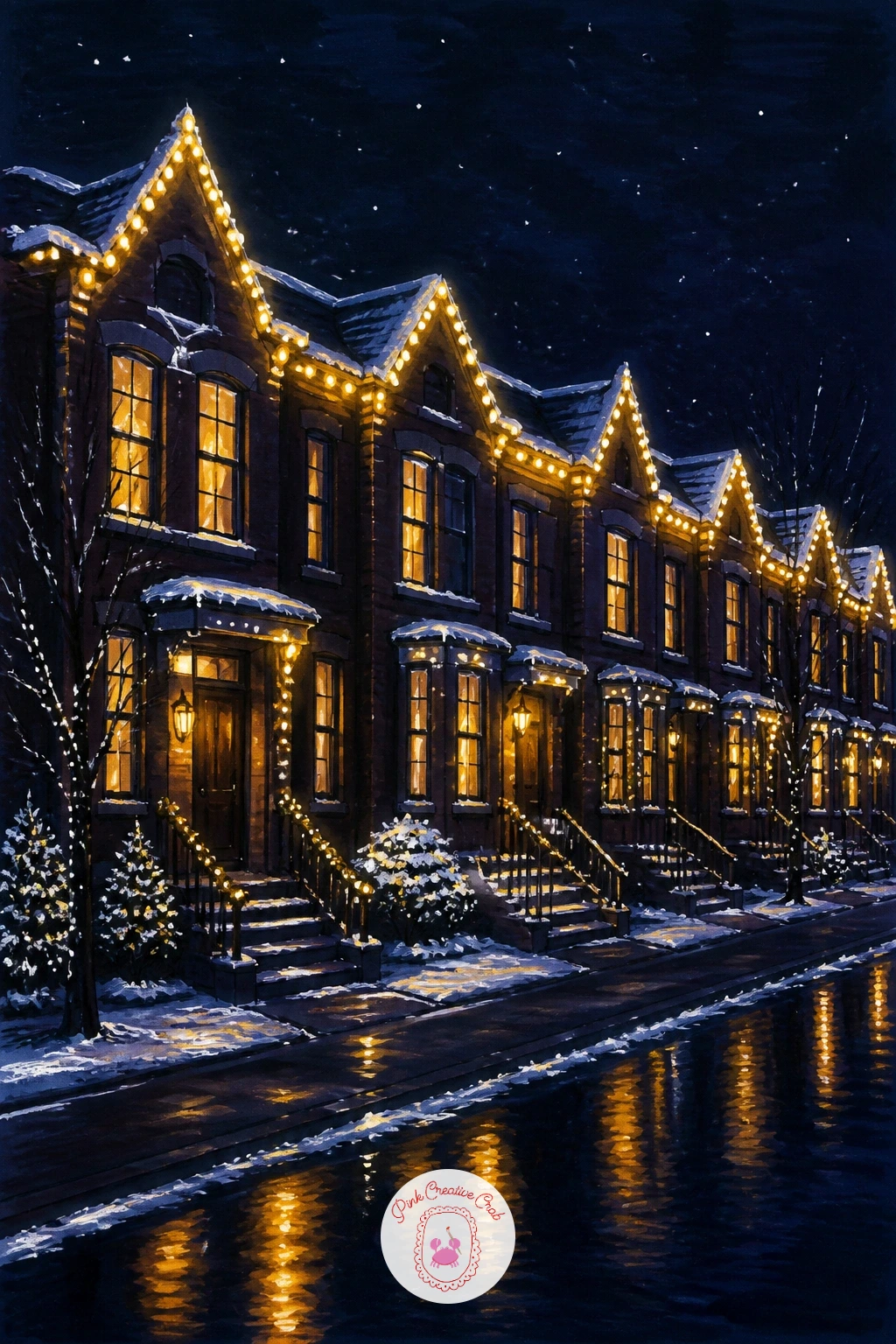 Street of Lit Townhouses — Widen the scene out to a street of townhouses outlined in lights, each roofline traced in glowing dots against the dark sky.